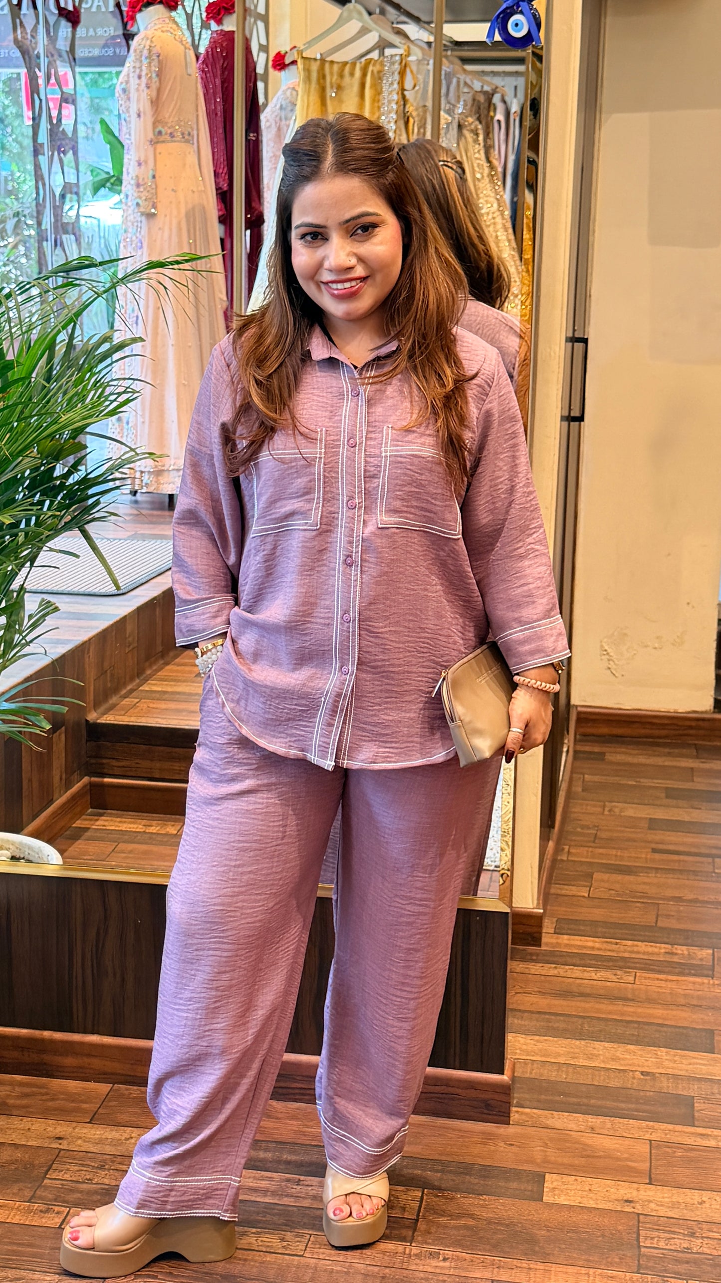 Lavender Contrast Stitch Shirt & Straight Pants Co-Ord Set