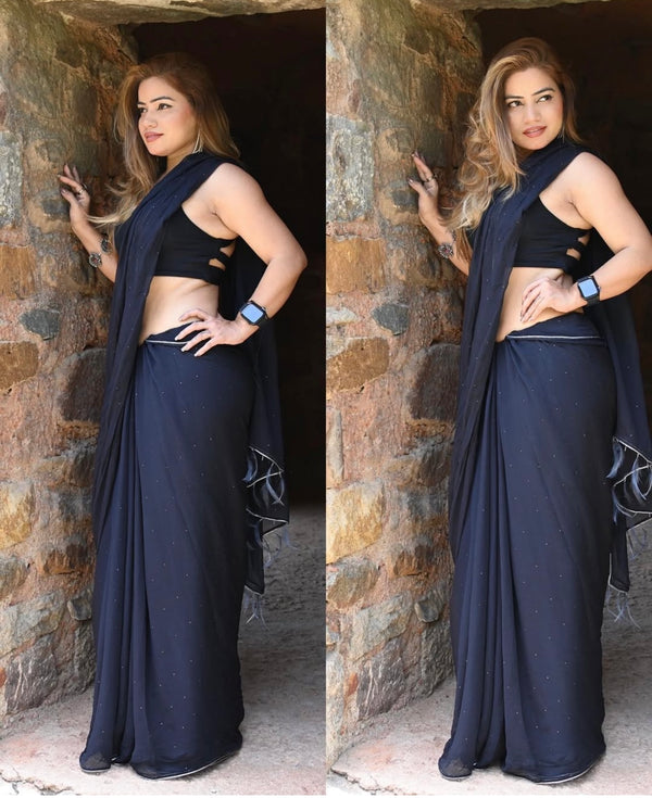 Black chiffon feather Saree with blouse PC