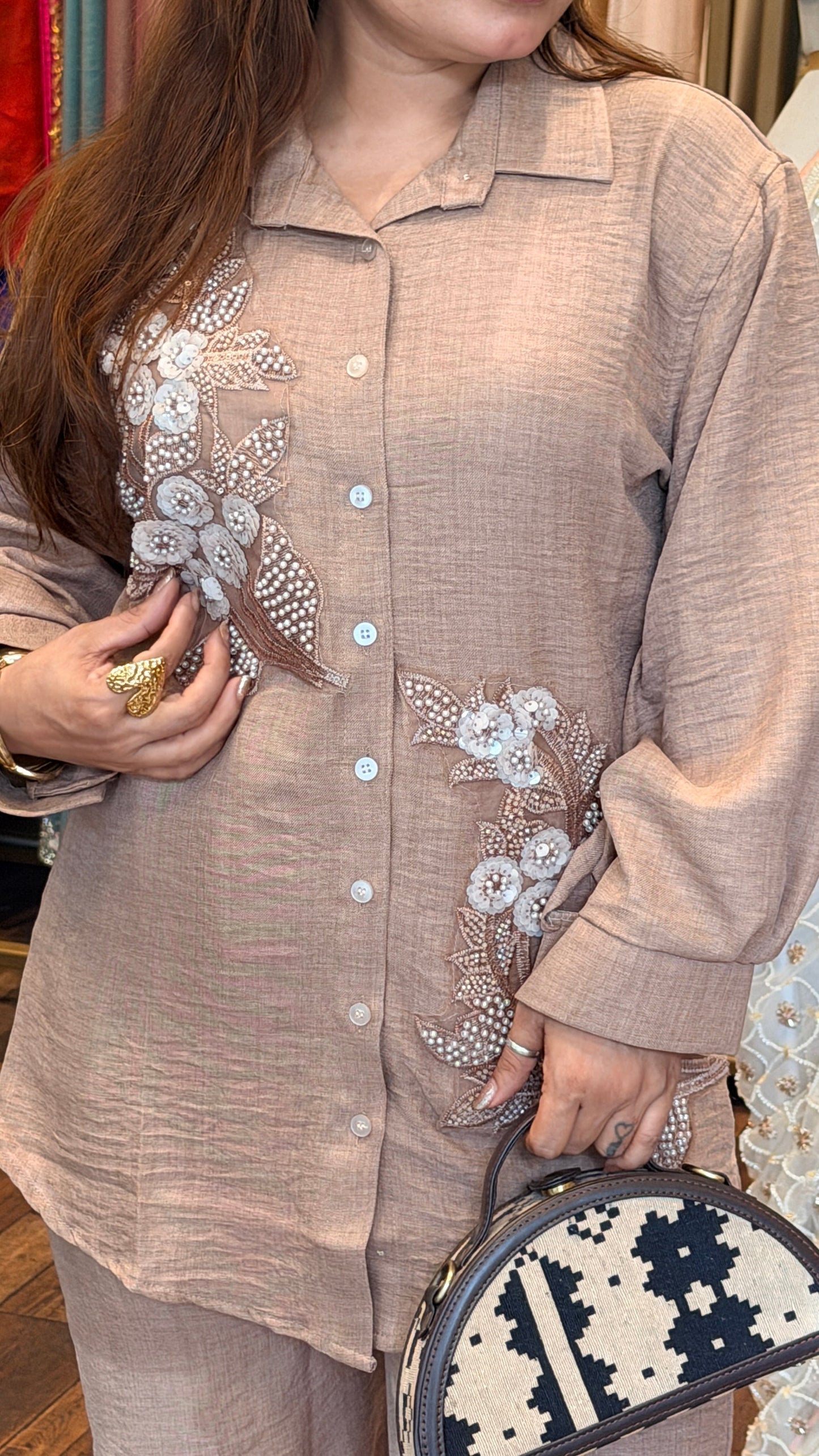 Linen Embroidered Co-Ord Set for Women | Premium Shirt & Pant Set | Bling by Anjali