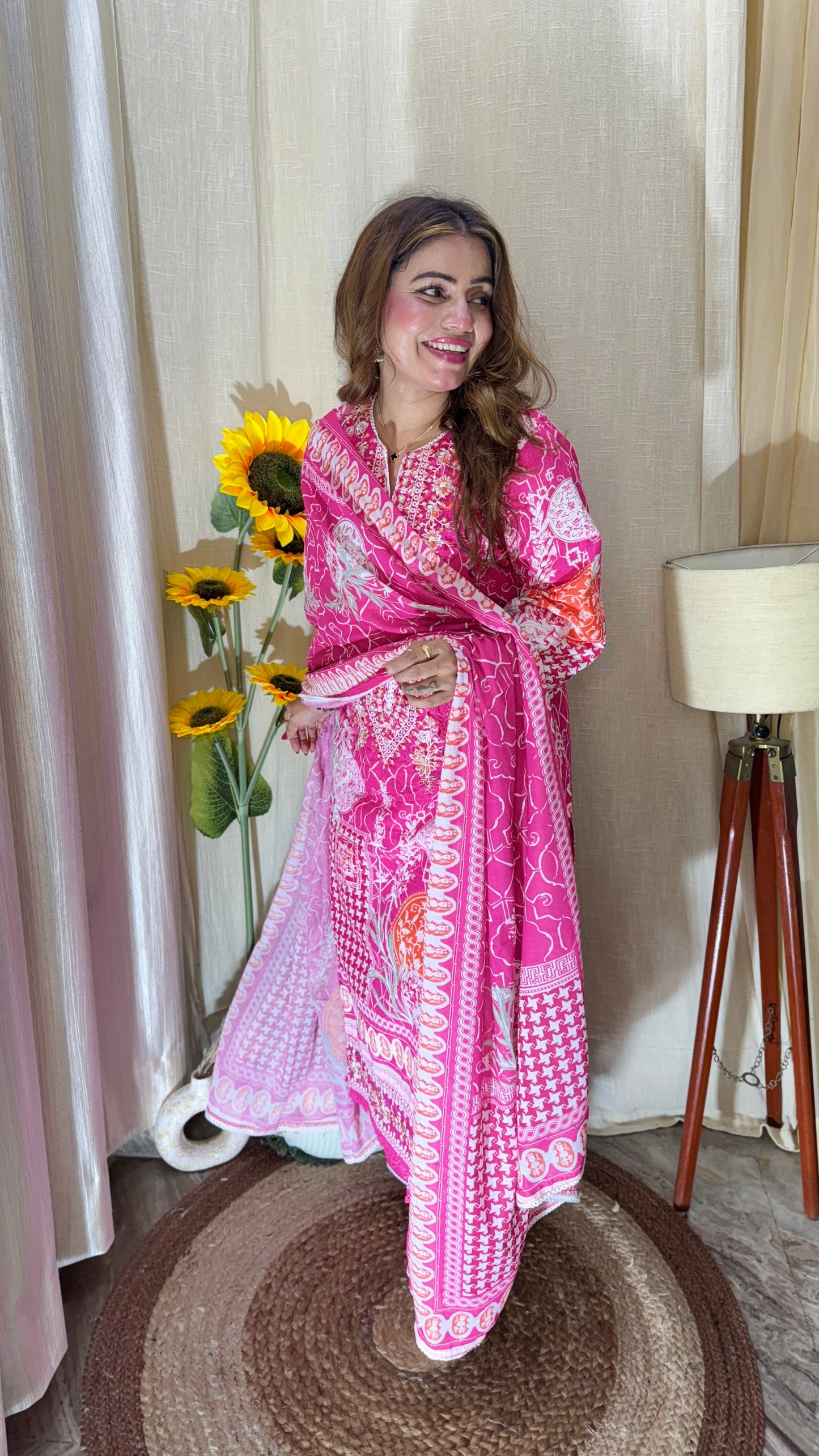 Fuchsia Bloom Embroidered Cotton Suit set