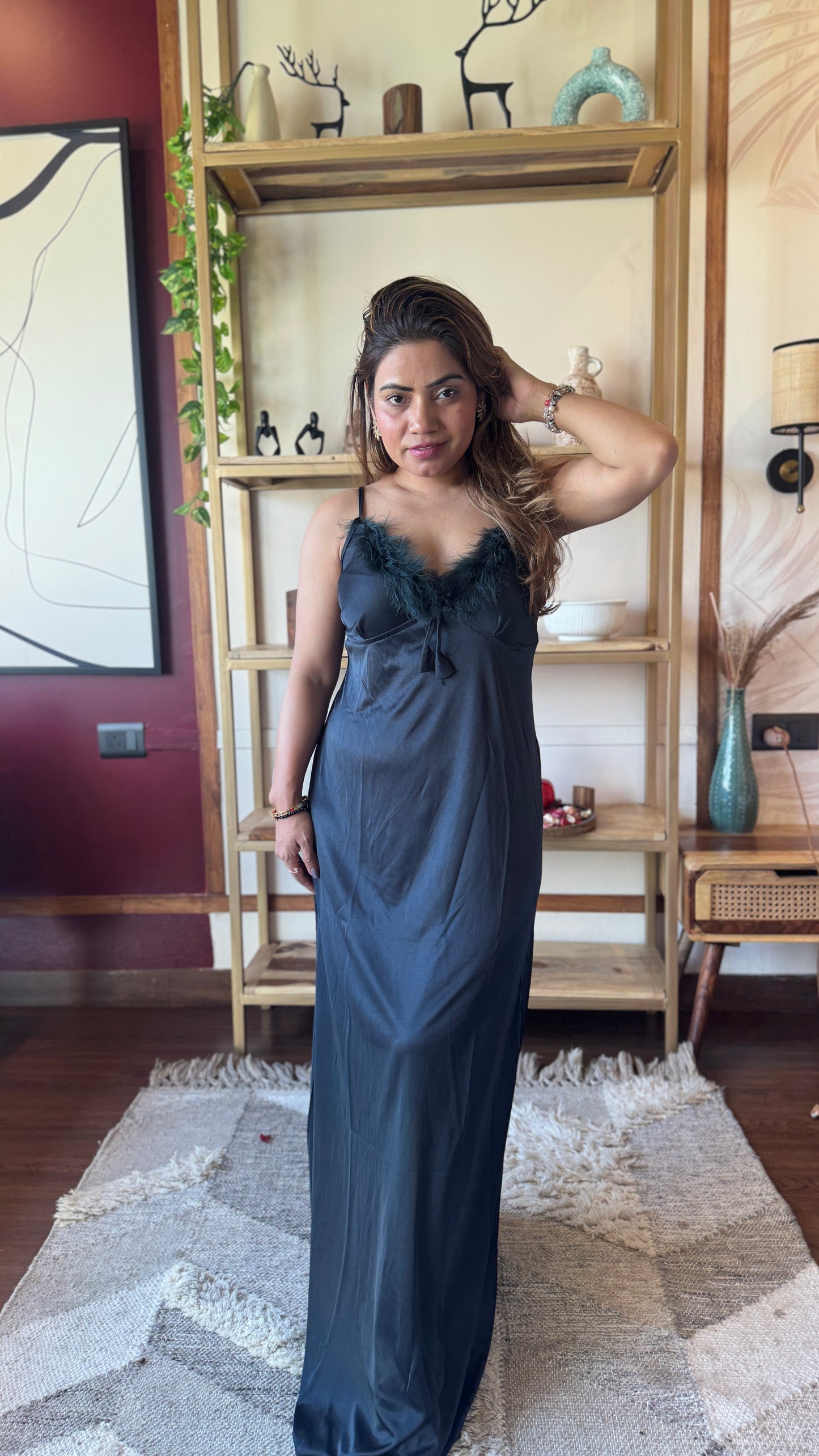 Feather Trim Satin Nightgown with Robe