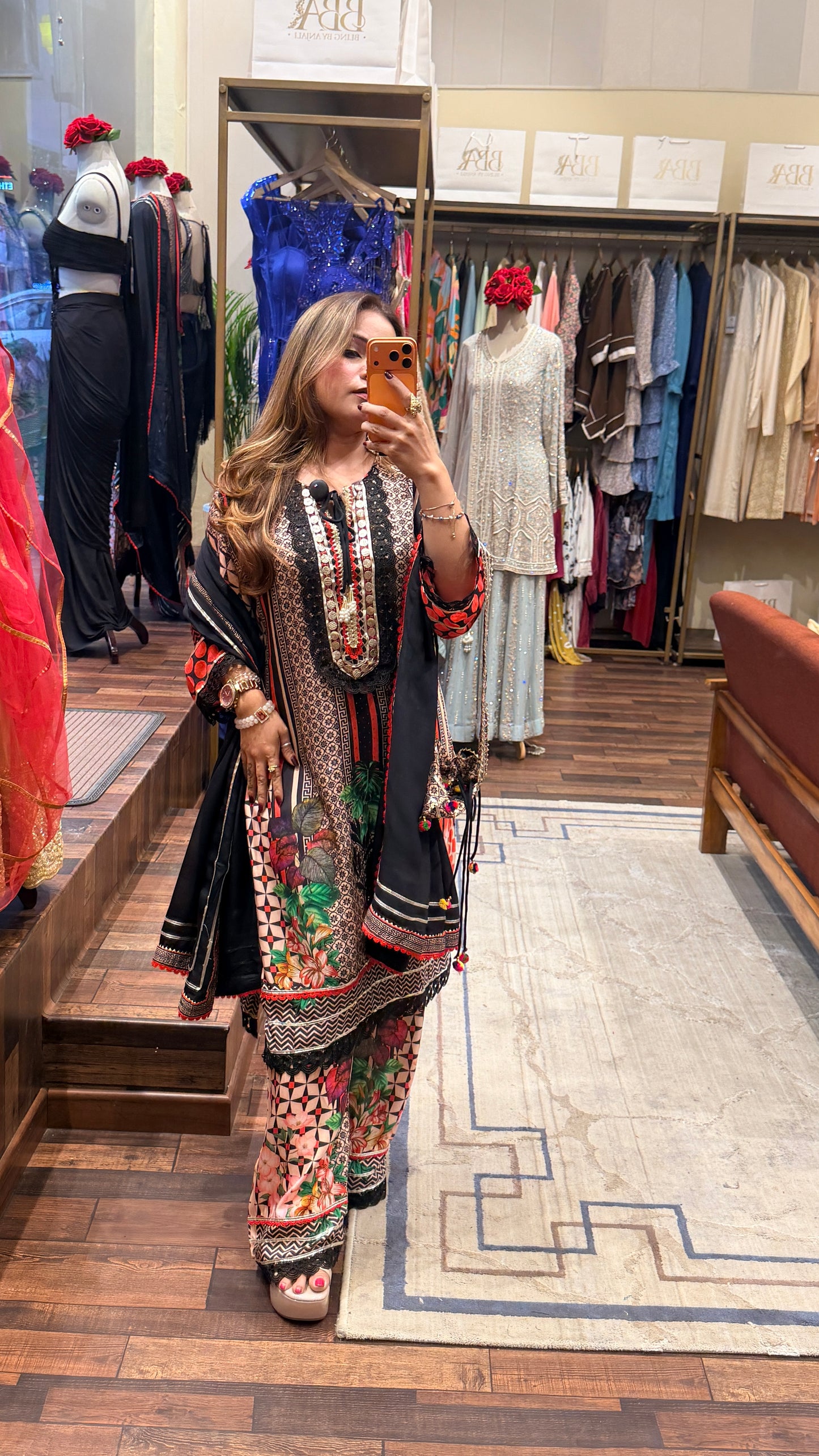 Black Multi-Print Kurta Set with Dupatta & Plaza Pants