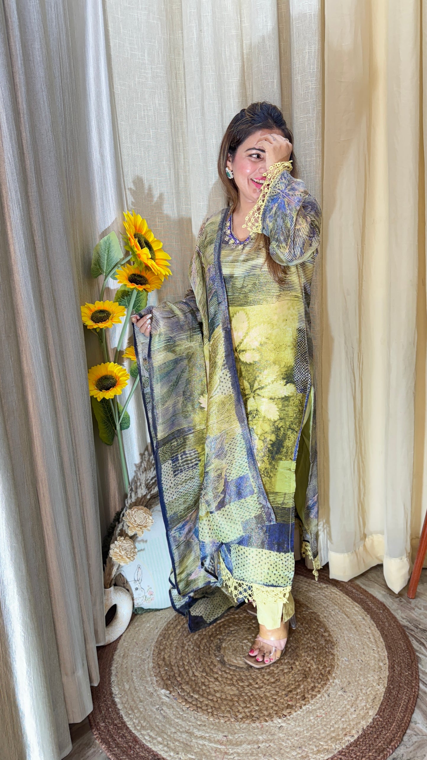 olive printed pakistani suit set
