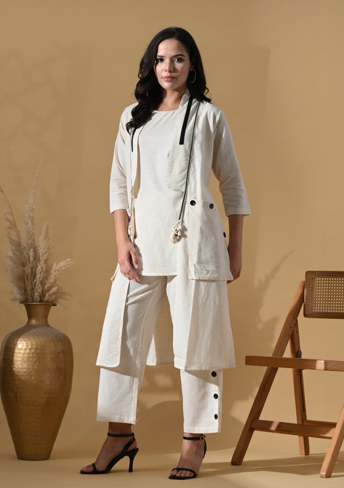 3pc set Ivory Linen Overlay Jacket Co-ord Set for Women