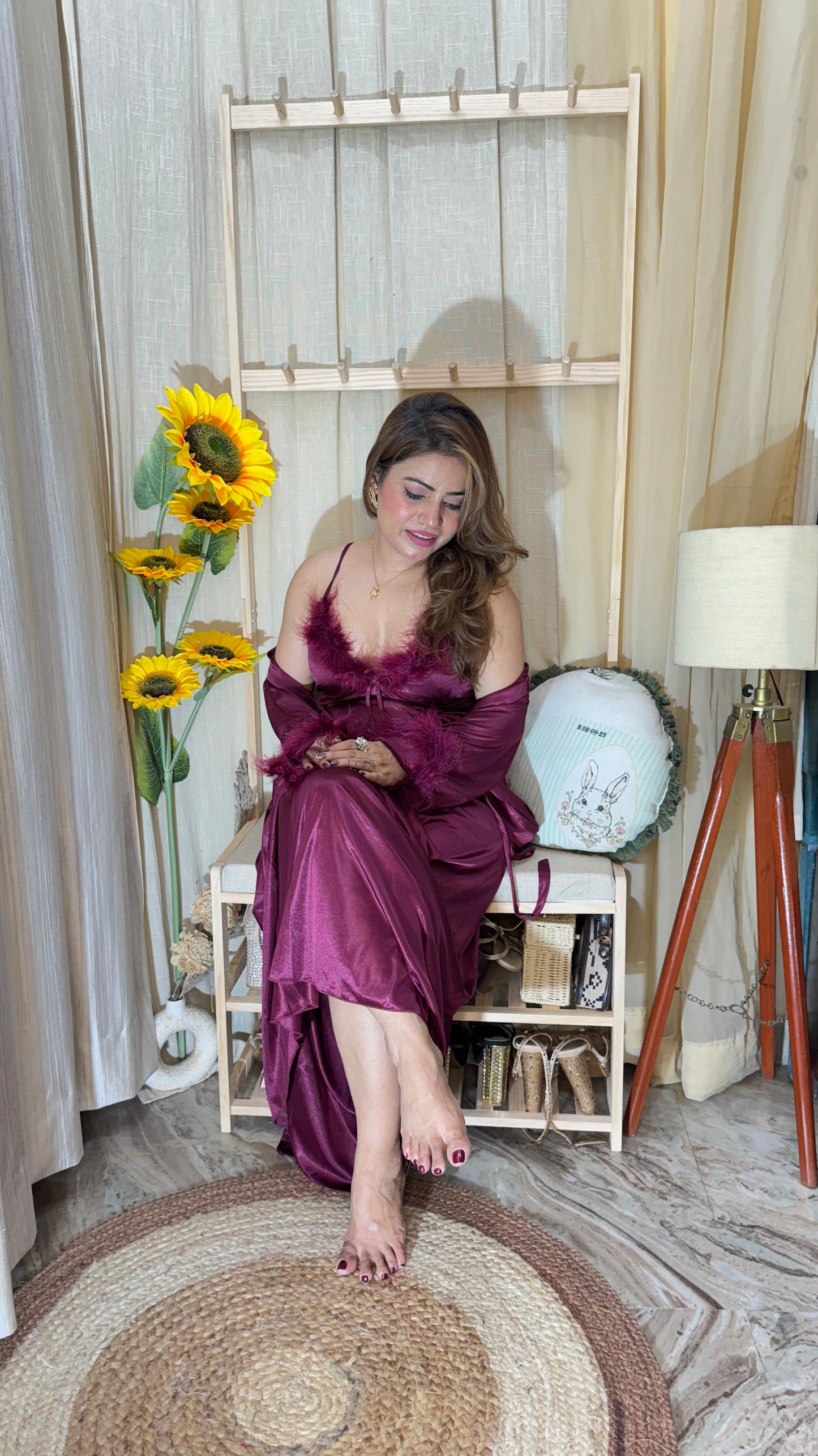 Luxury Satin Nightwear 2pc Set – Wine Red with Feather Trim