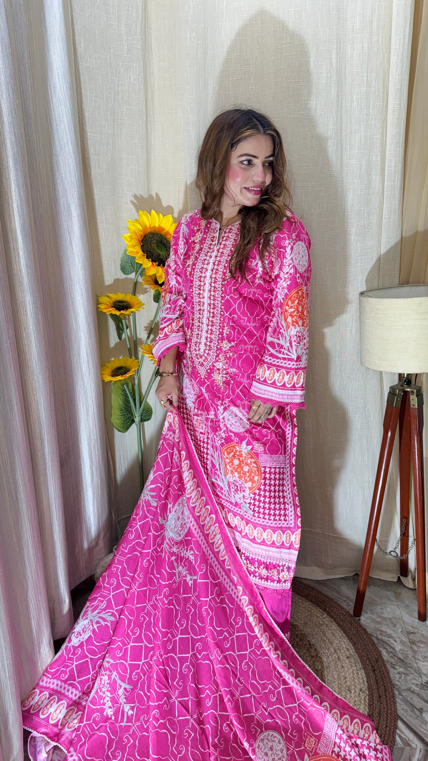 Fuchsia Bloom Embroidered Cotton Suit set