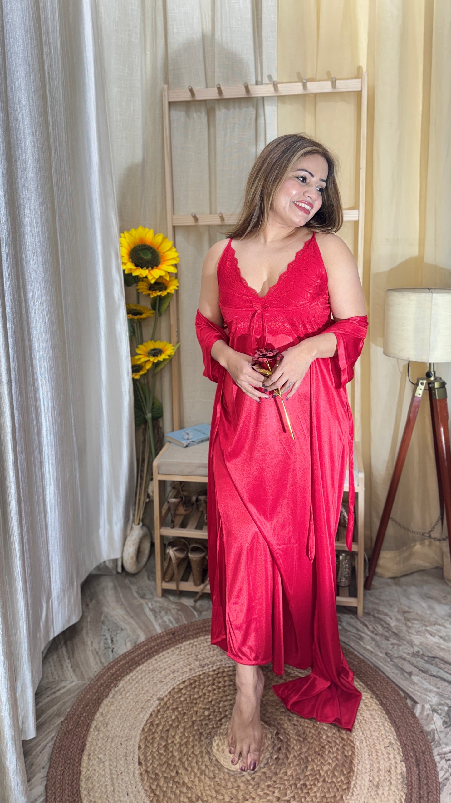 Luxury Red Satin Nighty with Robe – Lace Detail Nightwear Set