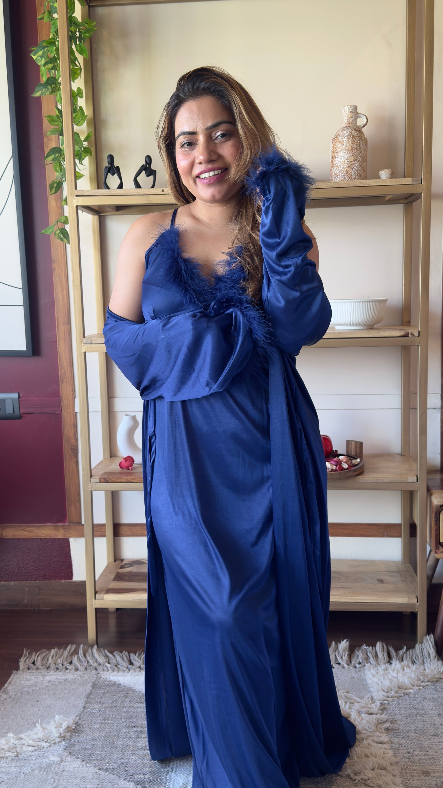 Feather Trim Satin Nightgown with Robe