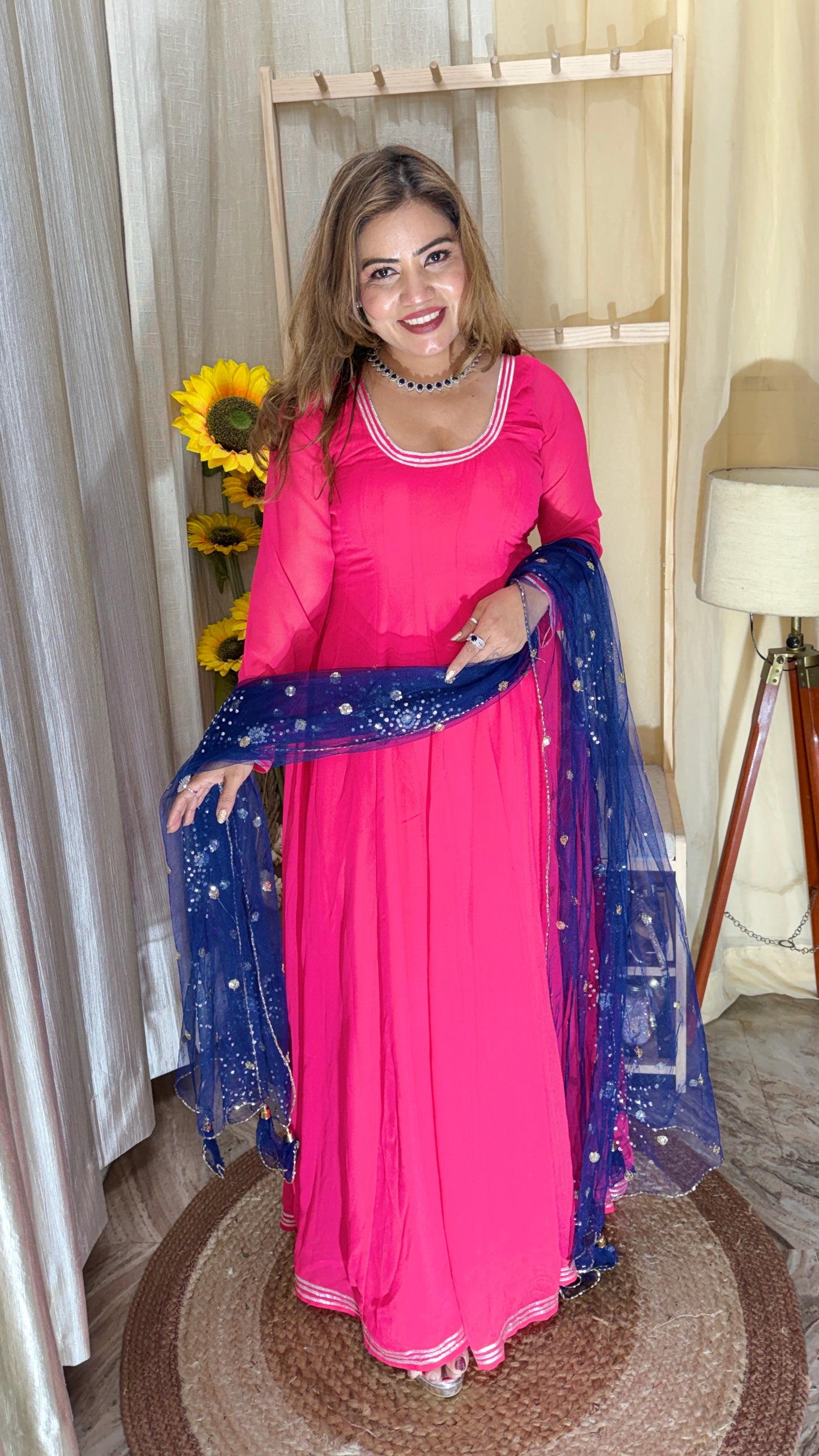 Hot Pink Anarkali Kurta Set with Navy Blue Sequins Dupatta