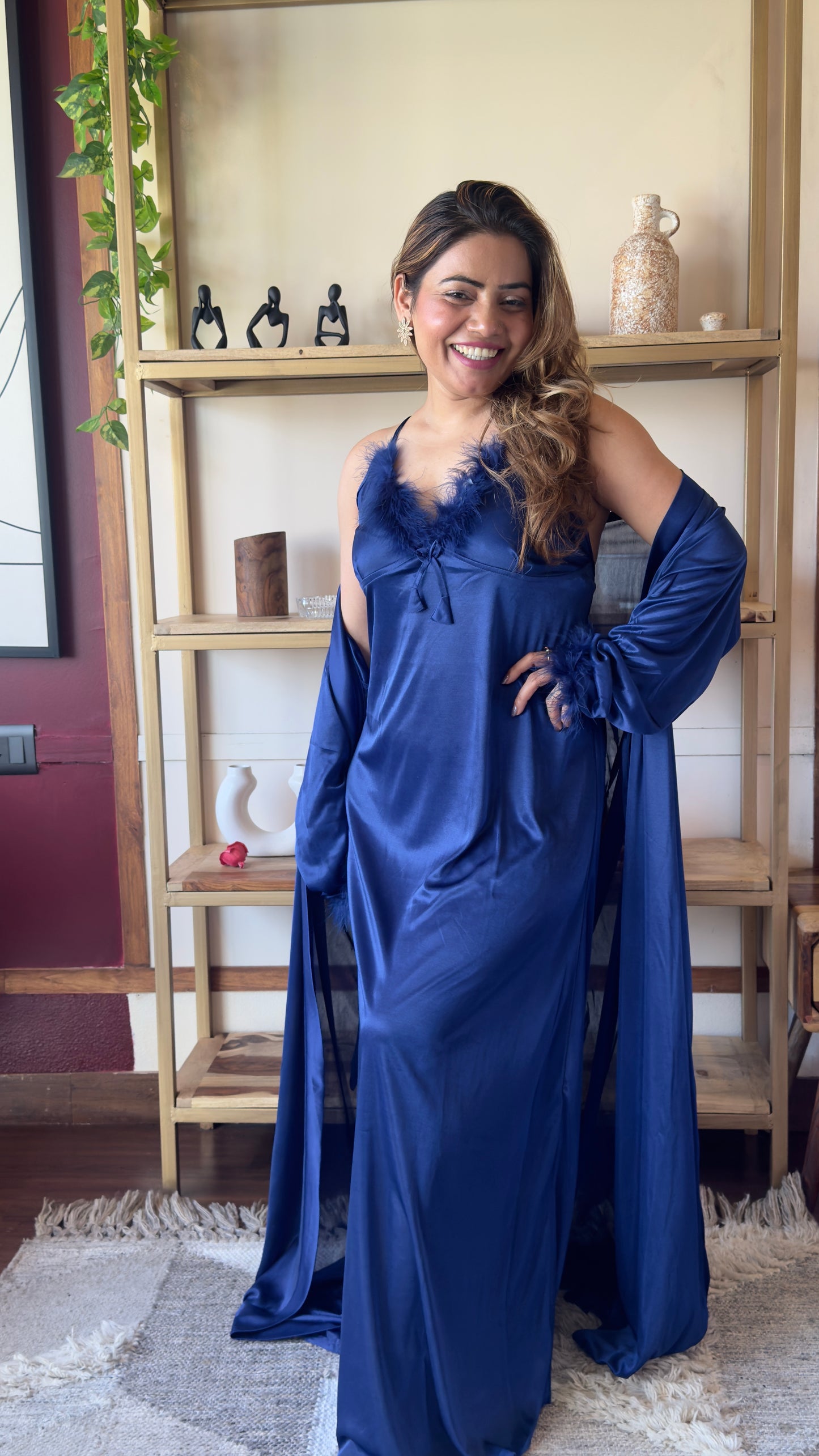 Feather Trim Satin Nightgown with Robe