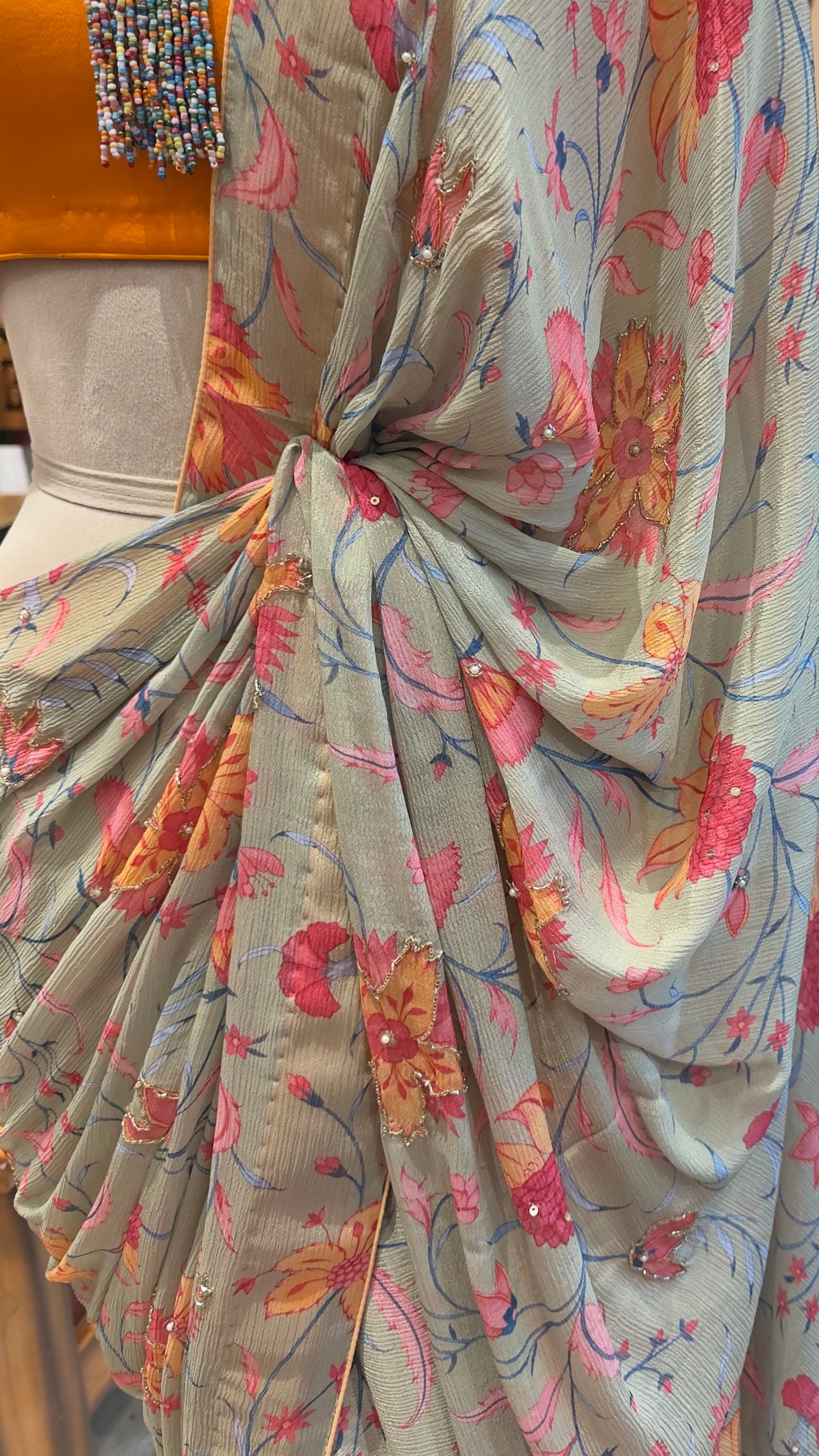Floral Draped Saree with Orange Satin Blouse