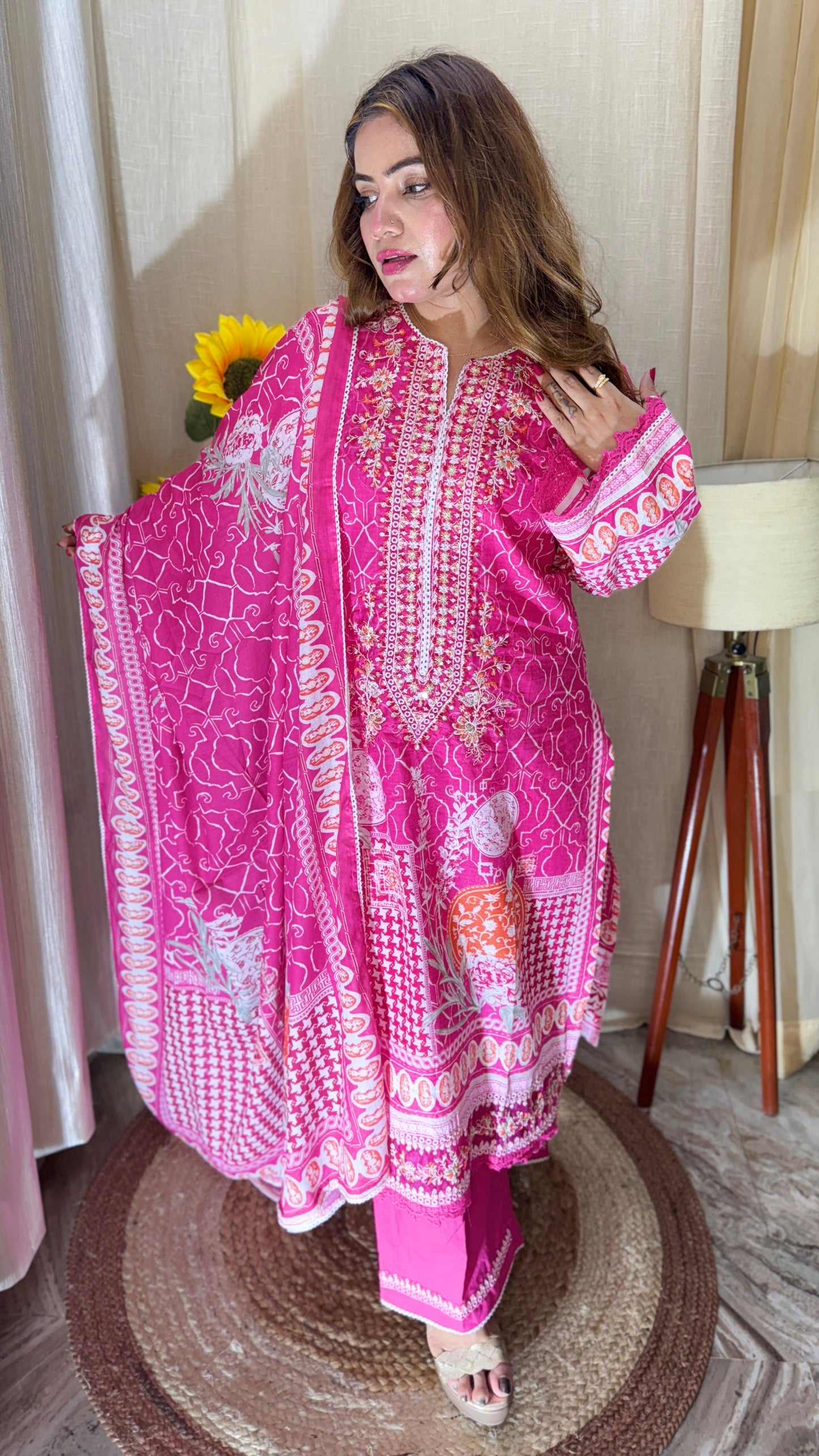 Fuchsia Bloom Embroidered Cotton Suit set