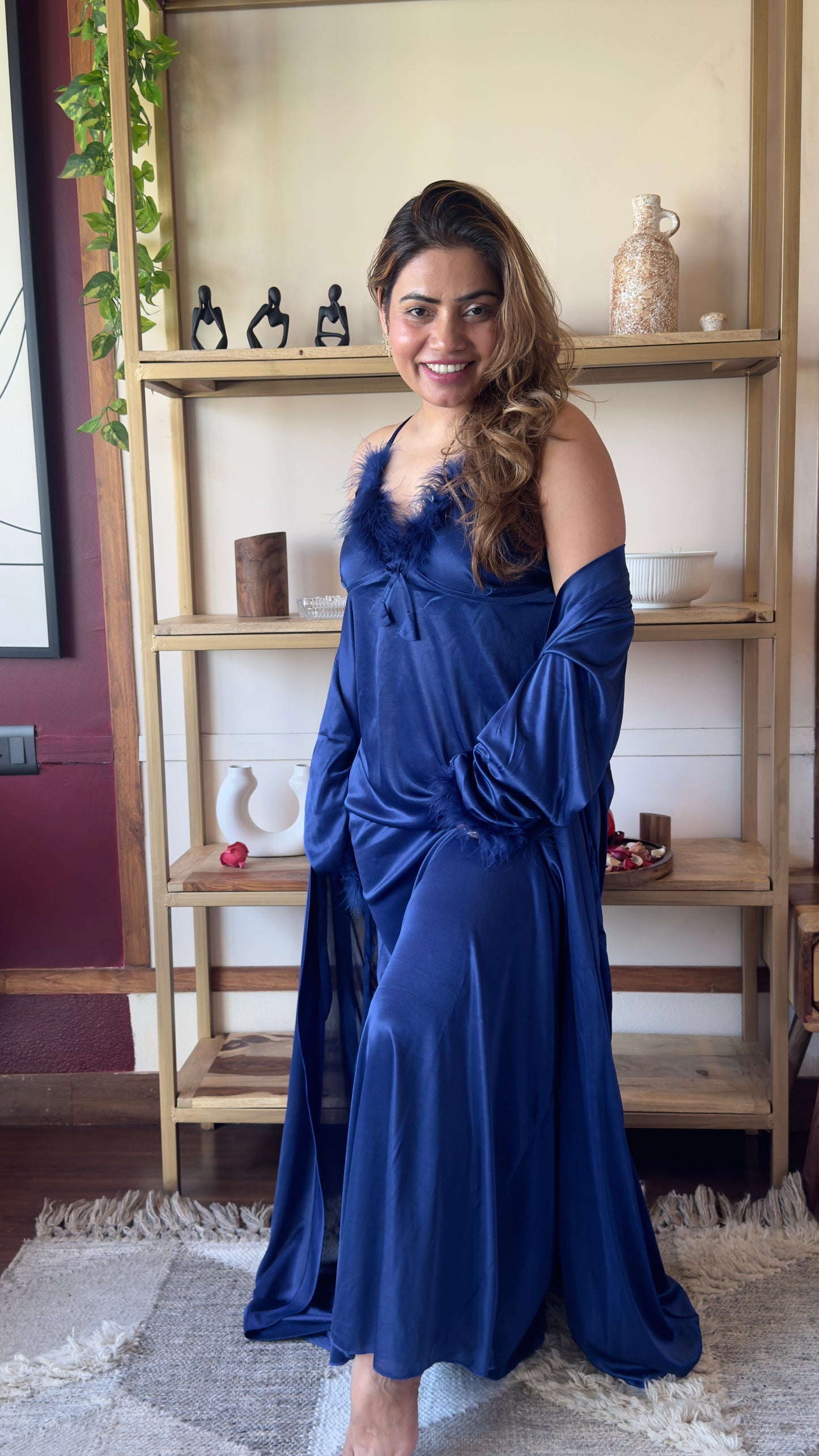 Feather Trim Satin Nightgown with Robe