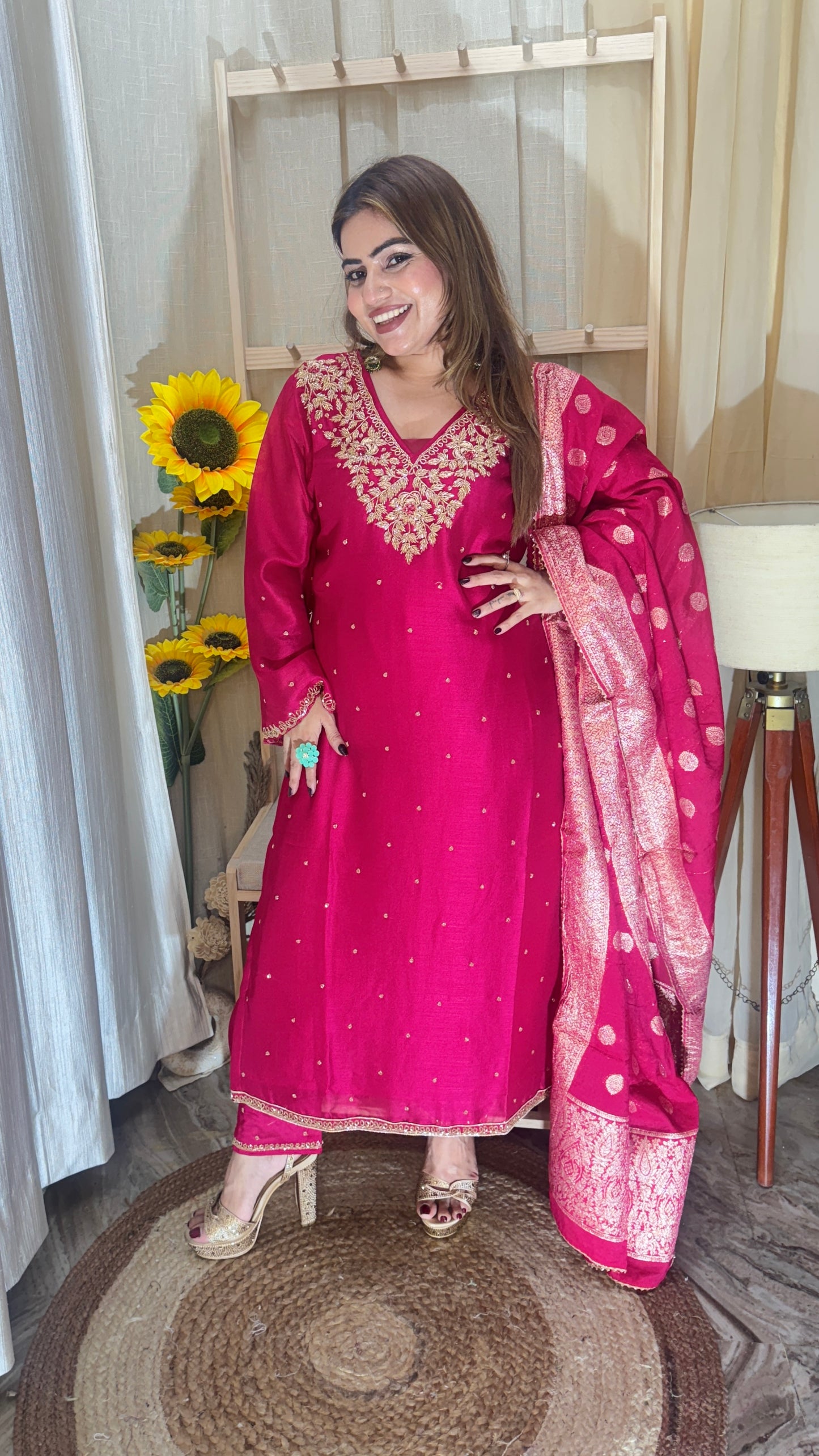 Pink Embroidered Silk Suit Set with Banarasi Dupatta