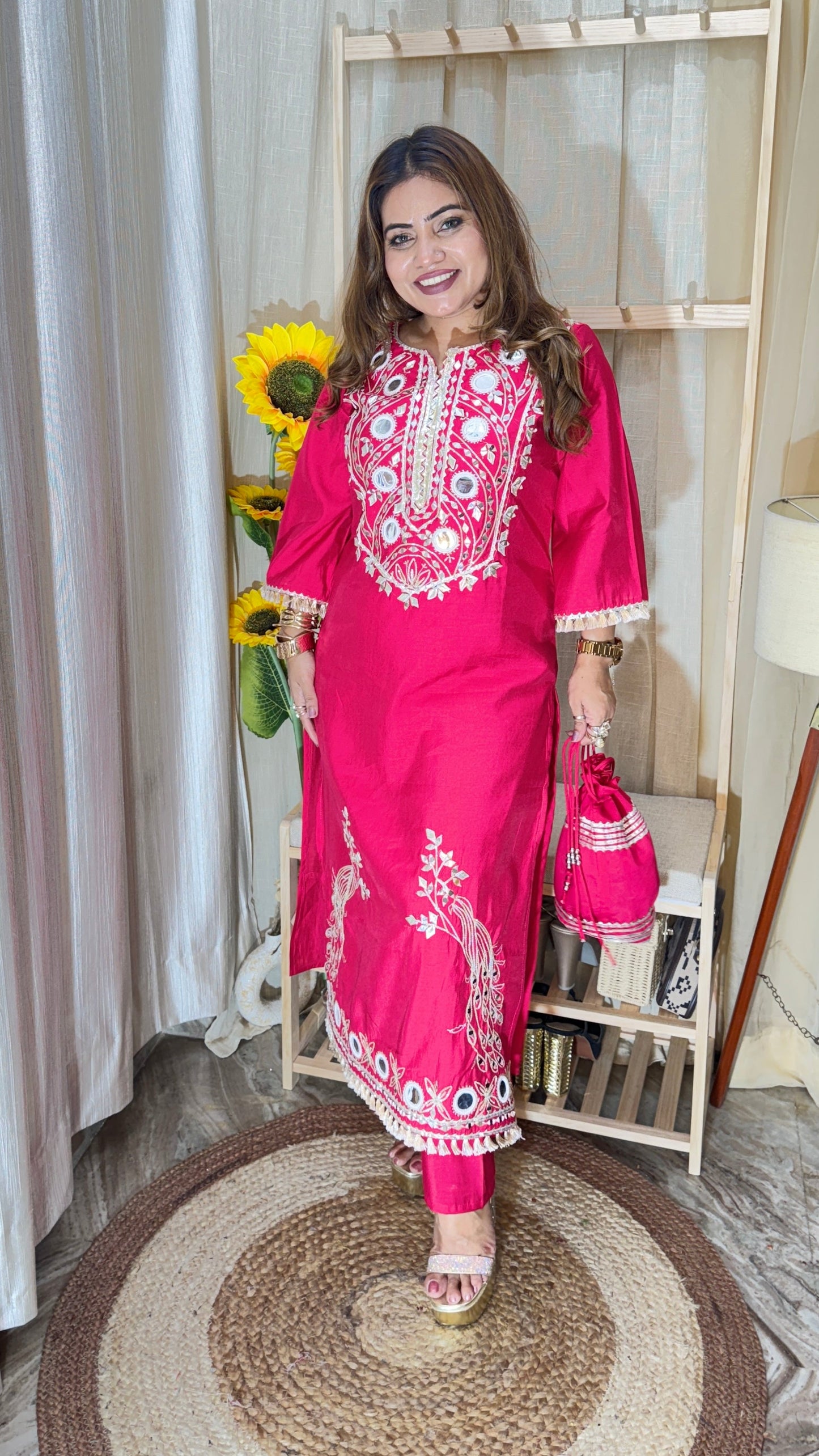 Hot Pink Mirror Embroidered Kurta Set with Potli Bag