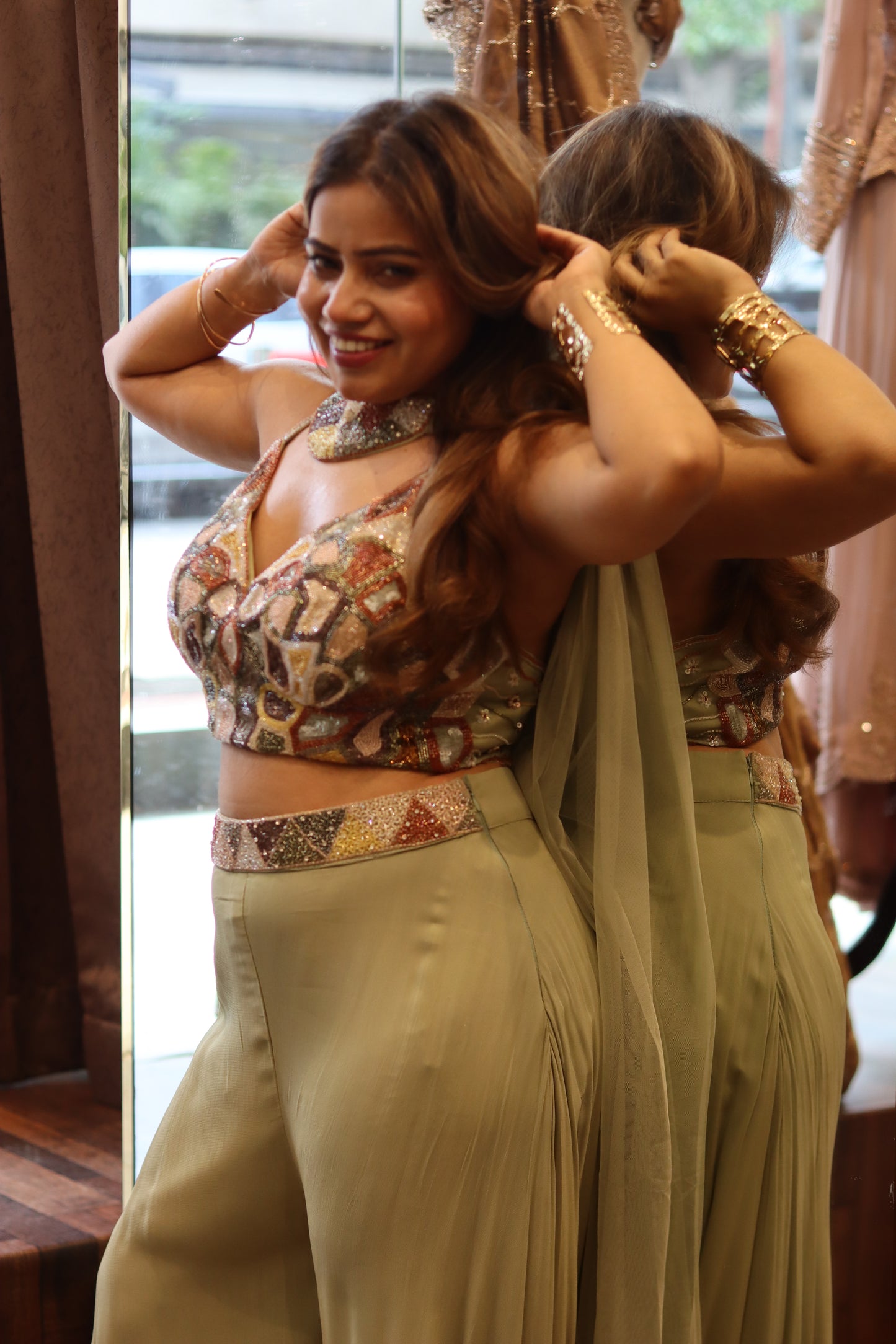 Pastel Green Embellished Indo-Western Set with Choker Dupatta 