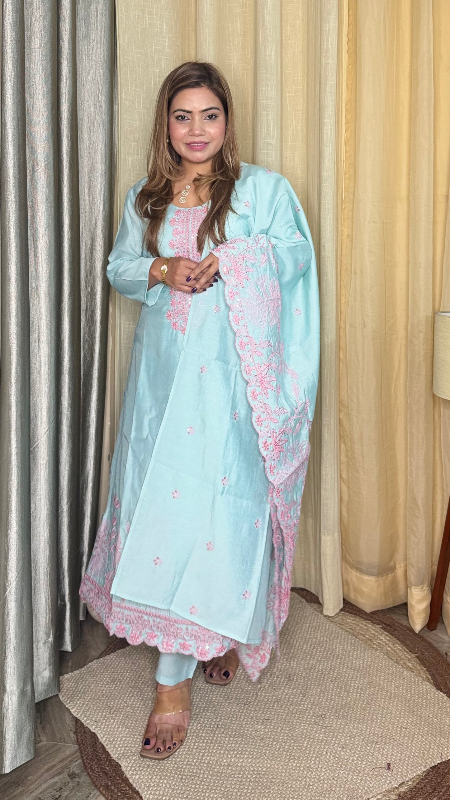 Pastel blue Chikankari suit with intricate pink