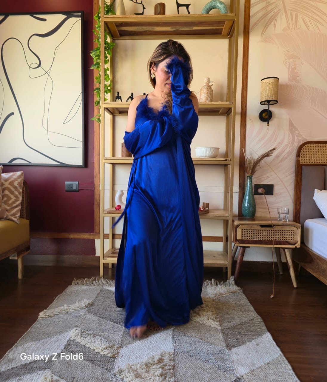 Feather Trim Satin Nightgown with Robe