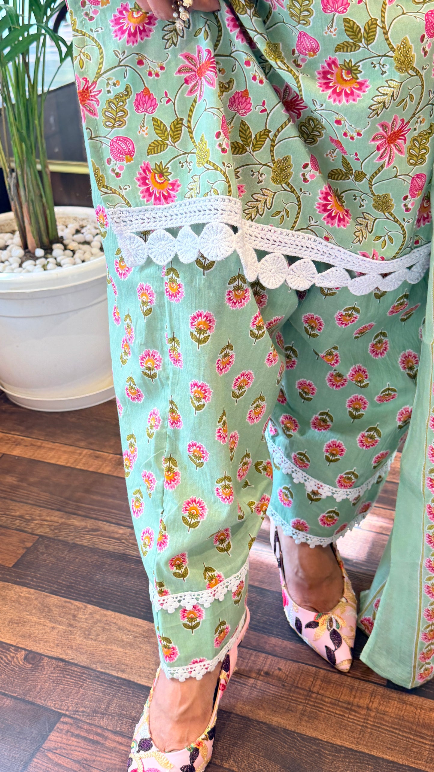 Mint Green Floral Printed Kurta Set with Lace Detailing & Dupatta