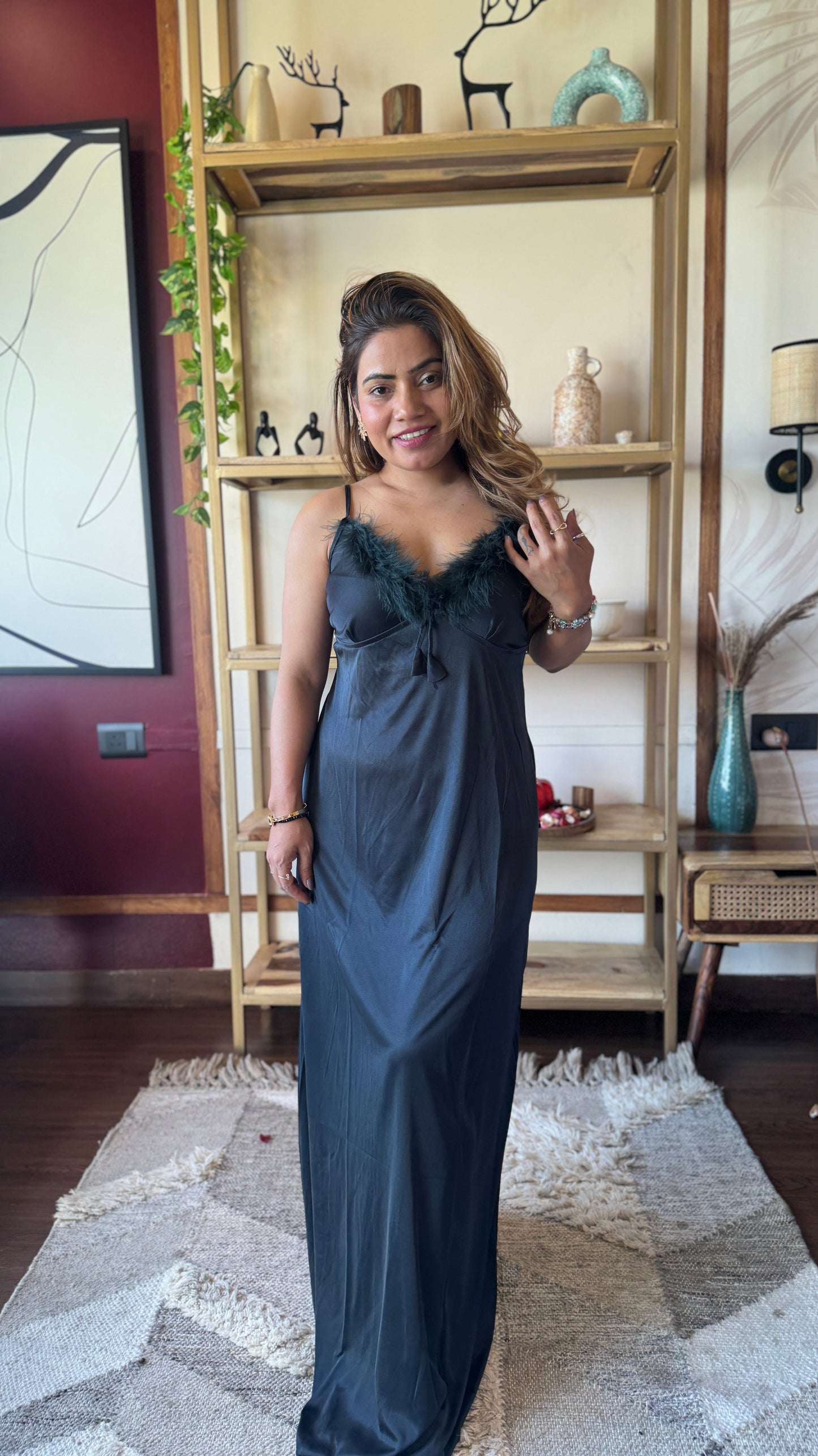Feather Trim Satin Nightgown with Robe