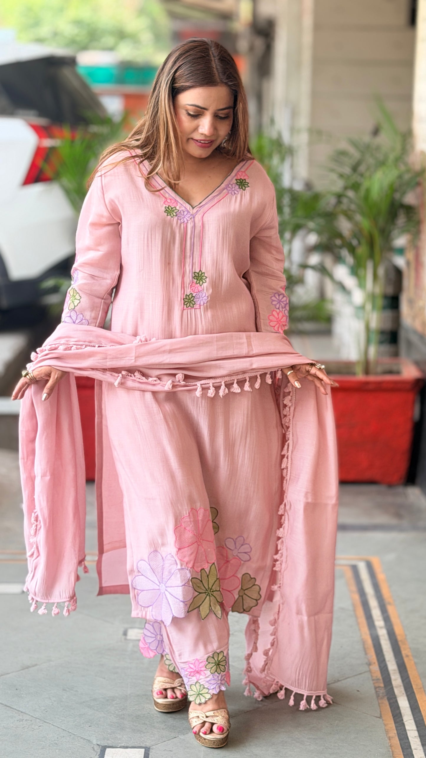 Blush Pink Floral Hand-Embroidered Kurta Set with Dupatta