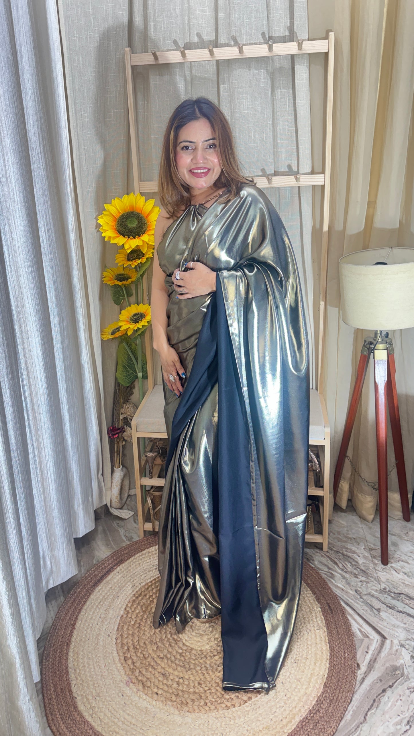 Metallic Luxe Pre-Draped Saree with 1 miter Blouse fabric – Silver Chrome Finish