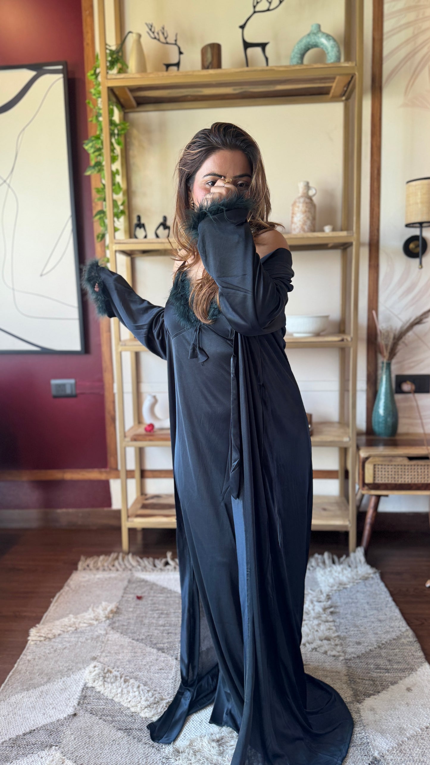 Feather Trim Satin Nightgown with Robe