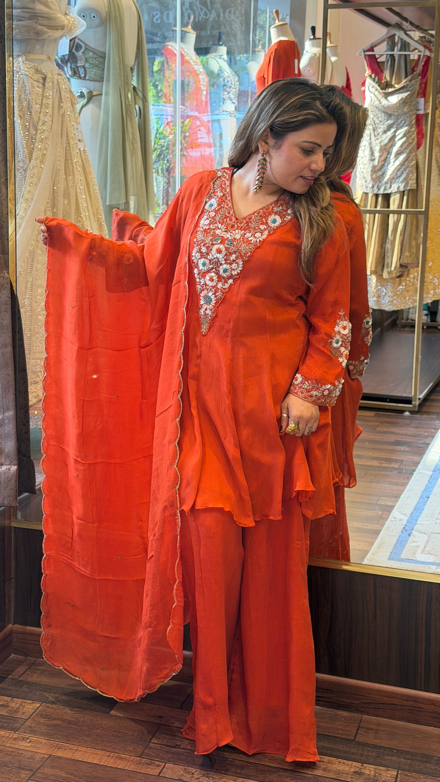 Orange Embroidered Kurta Set with Dupatta