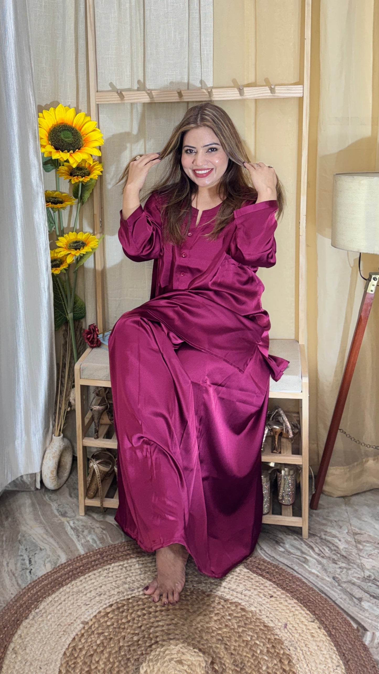 Wine Satin Nightwear Set