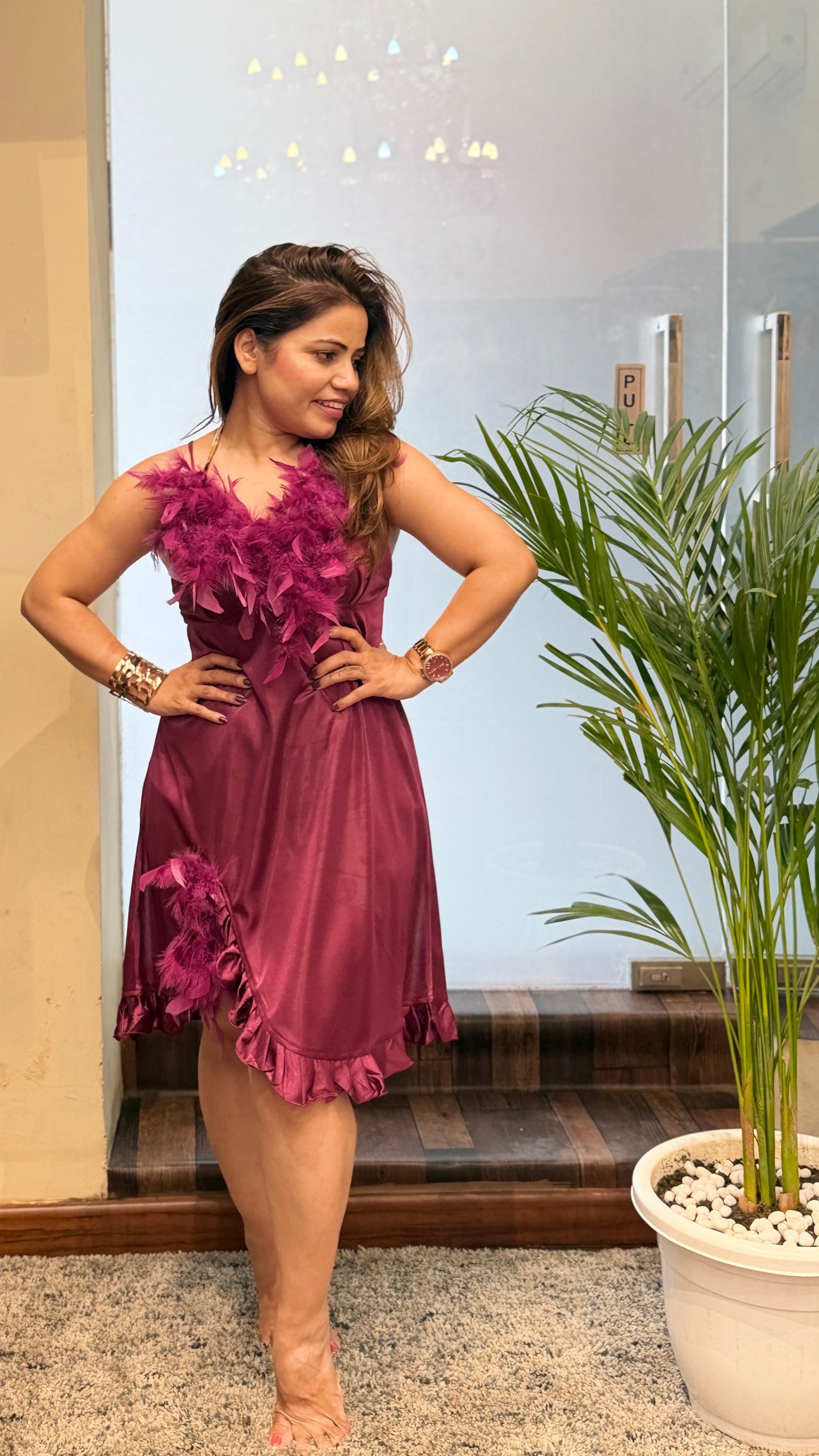 Wine Satin Feather Trim Dress with Cape