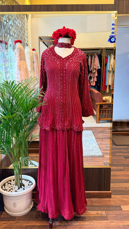 Ruby Red Hand-Embellished Peplum Top & Palazzo Set with Statement Choker