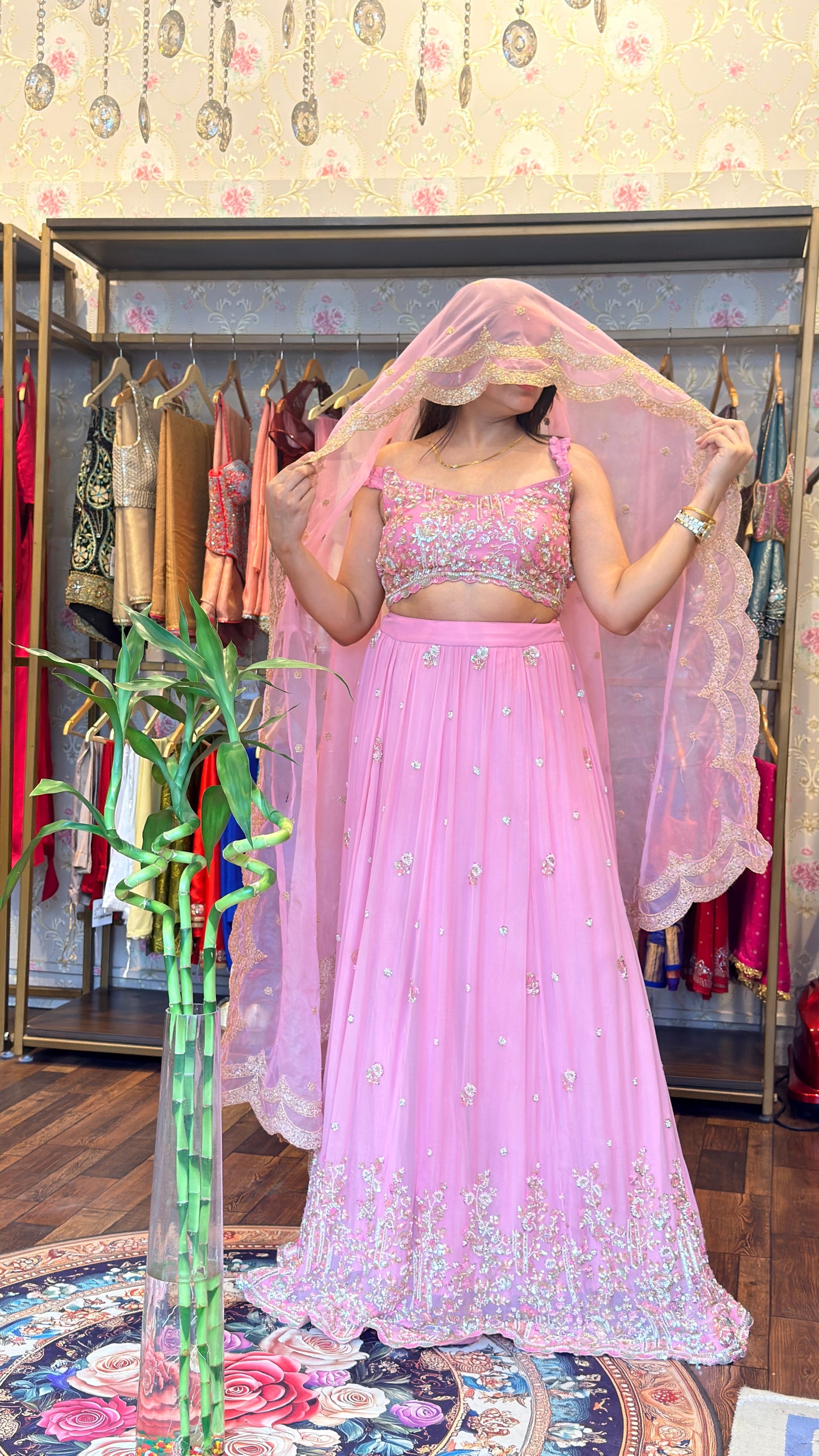 Blush Pink Hand-Embroidered Lehenga Set with Scalloped Dupatta
