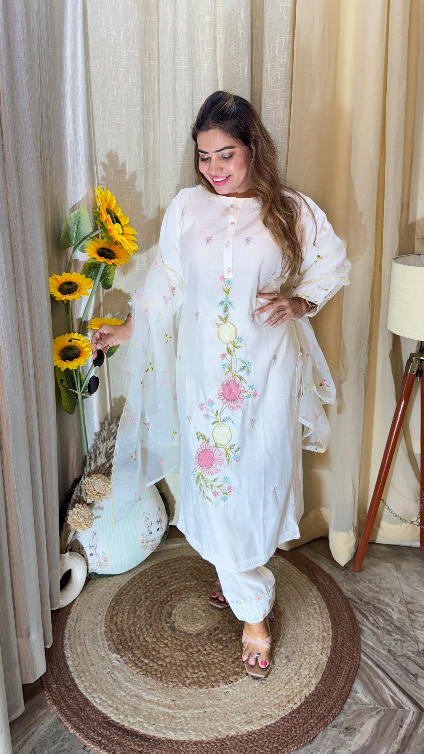 White Floral Embroidered Cotton Suit Set