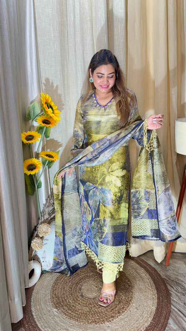 olive printed pakistani suit set