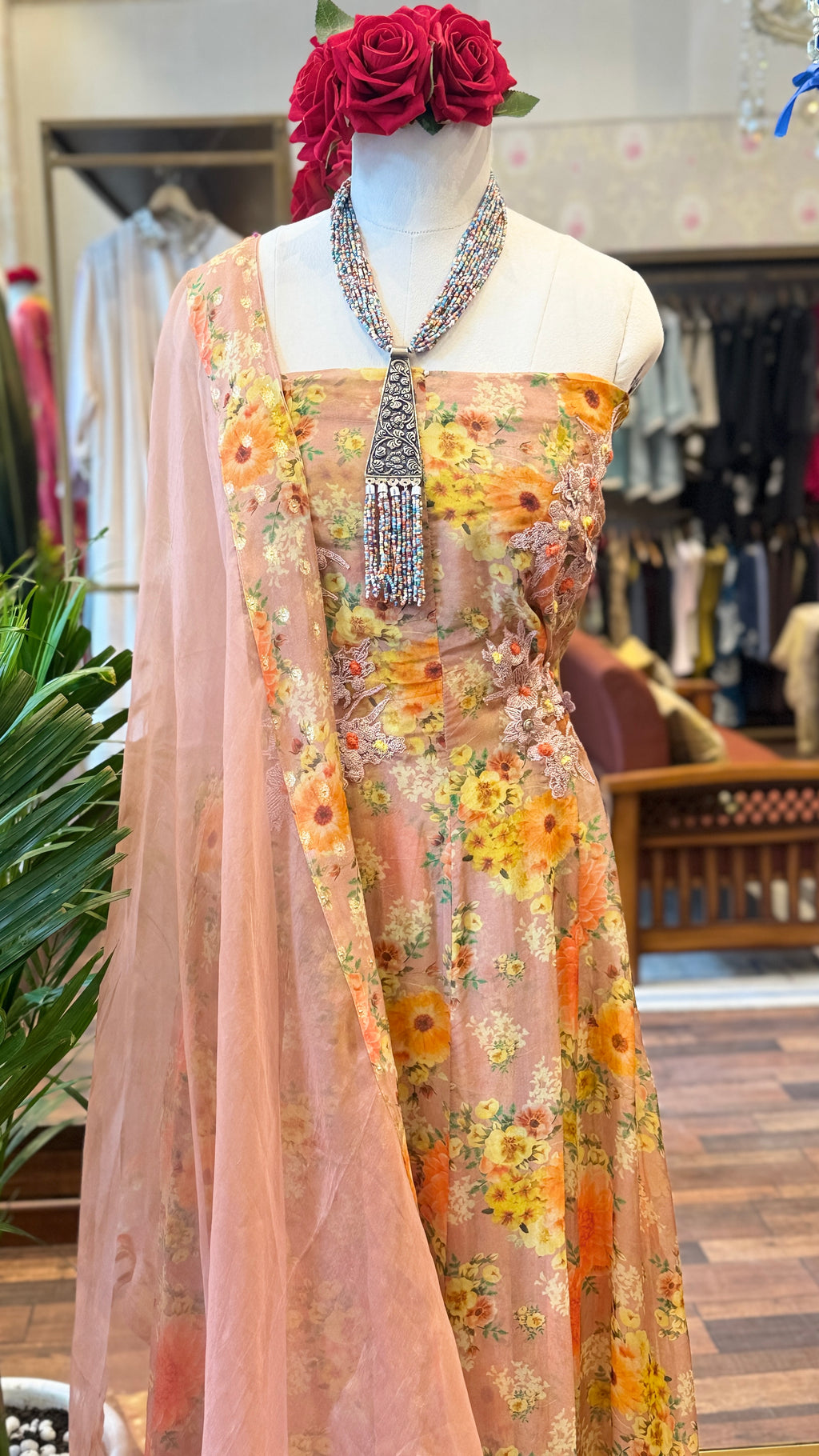 Floral Printed Organza Semi-stitched Anarkali