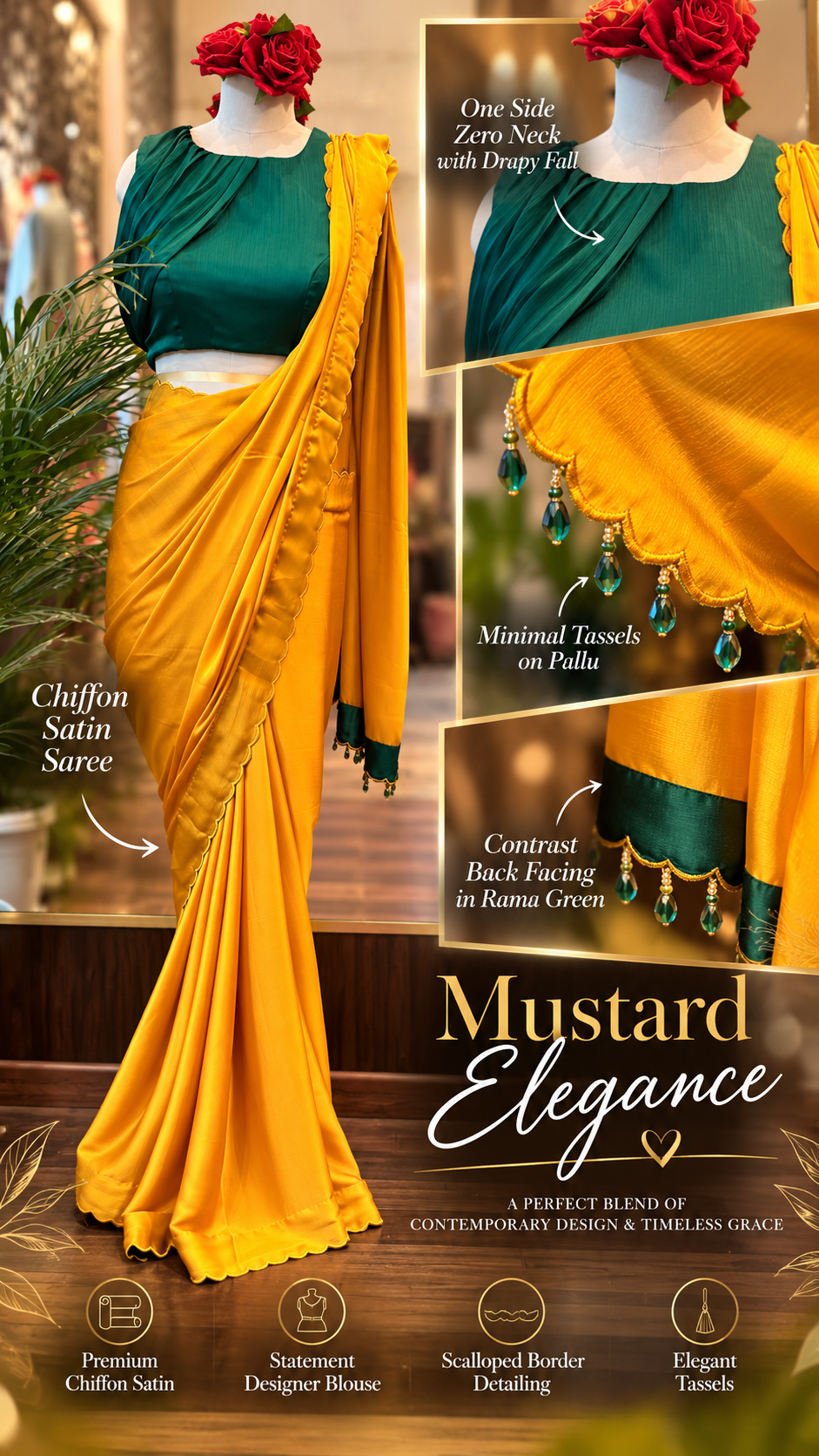 Mustard Chiffon Satin Saree with Green stylist Blouse