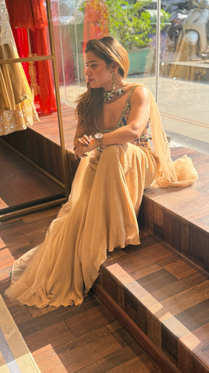 Multicolor Embellished Blouse with Beige Palazzo & Net Cape Set