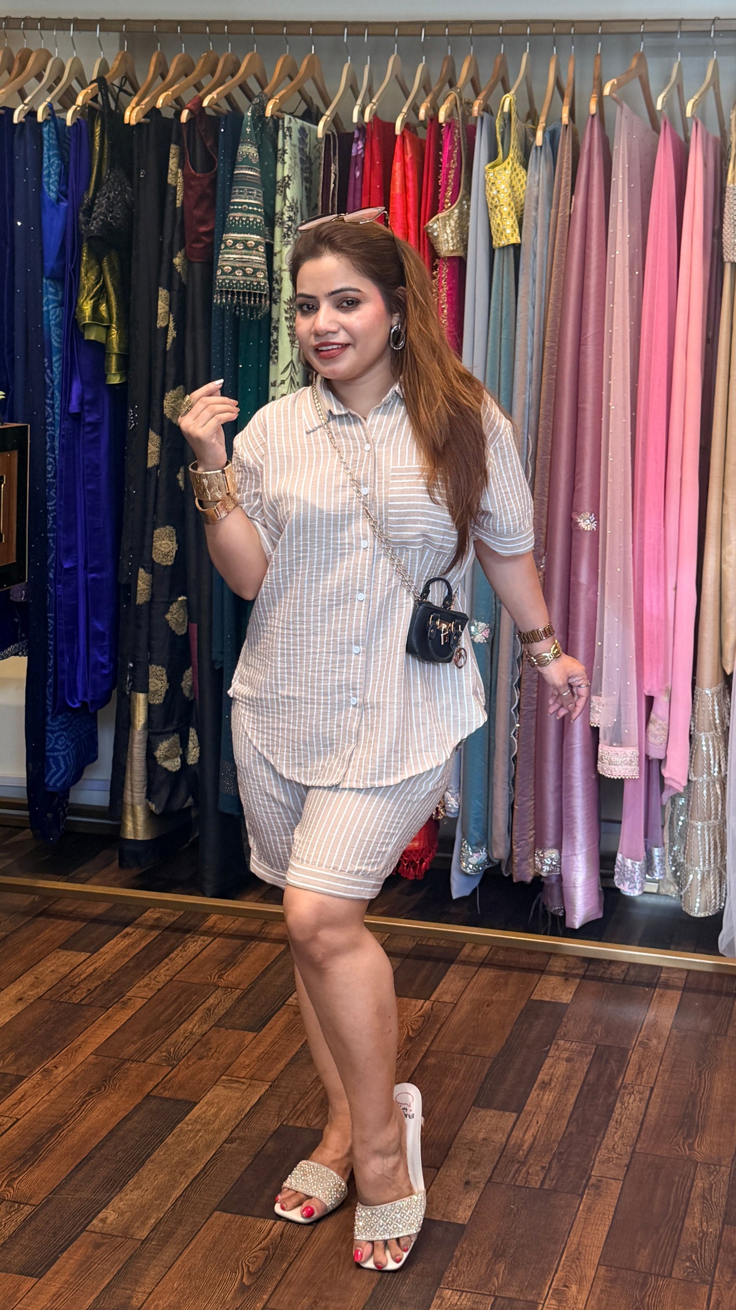 Beige Striped Co-ord Set with Shirt & Shorts | Luxury Casual Summer Outfit | South Delhi Boutique Wear