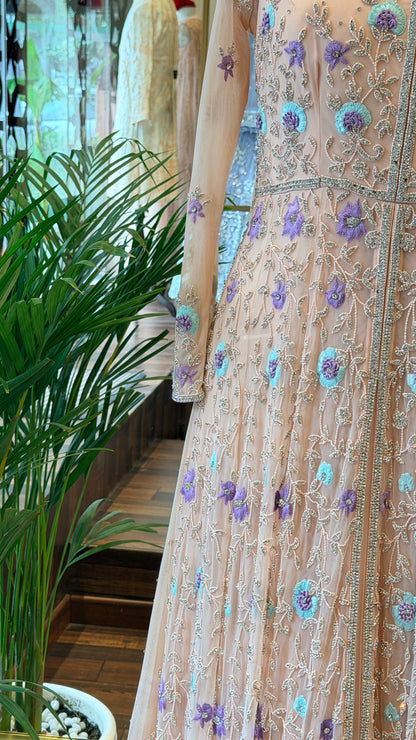 Blush Peach Floral Embroidered Anarkali Set with Dupatta