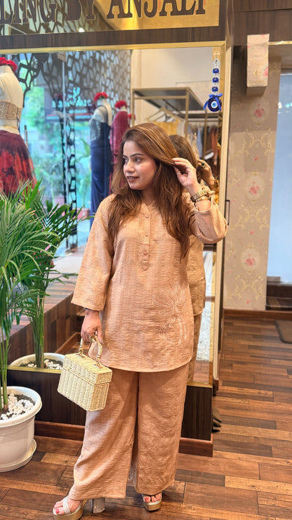 Cotton Linen Embroidered Co-Ord Set for Women | Summer Kurta & Straight Pants