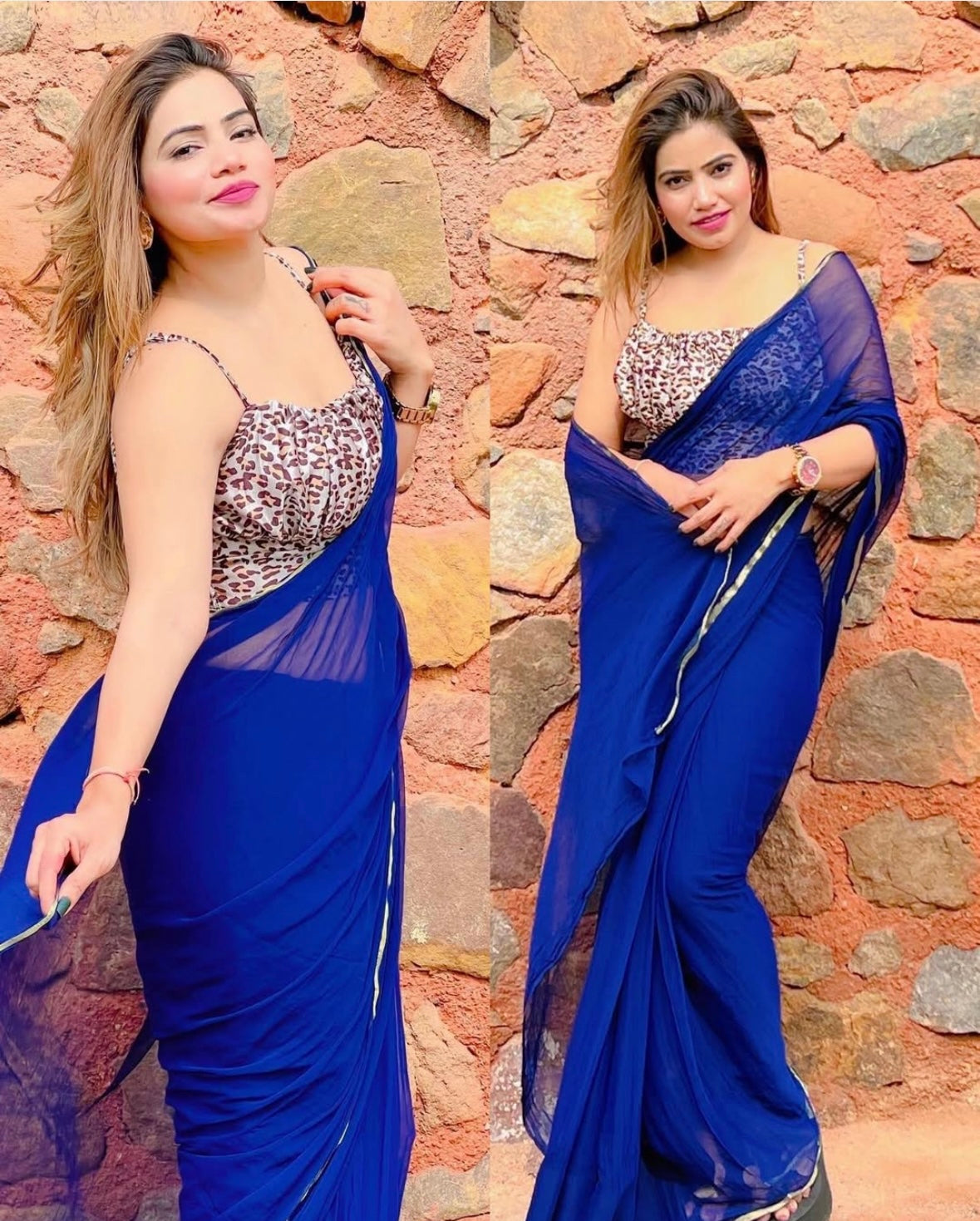 Blue chiffon saree with printed blouse