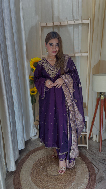 Royal Purple Embroidered Suit with Banarasi Dupatta