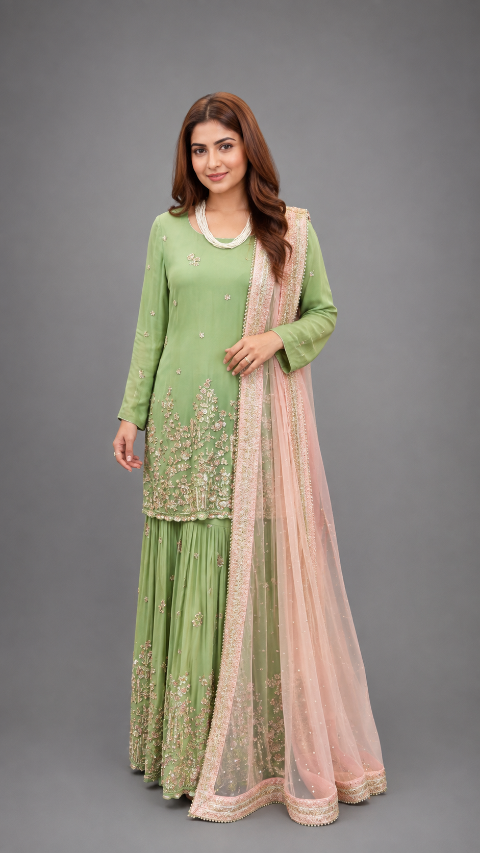 Sage Green Embroidered Sharara Set ￼