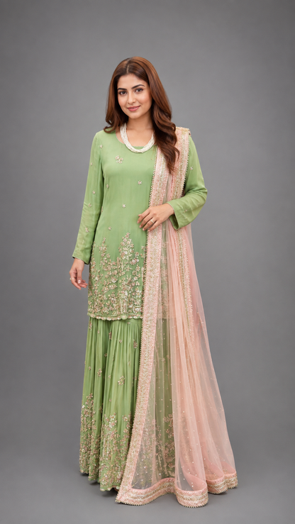 Sage Green Embroidered Sharara Set ￼