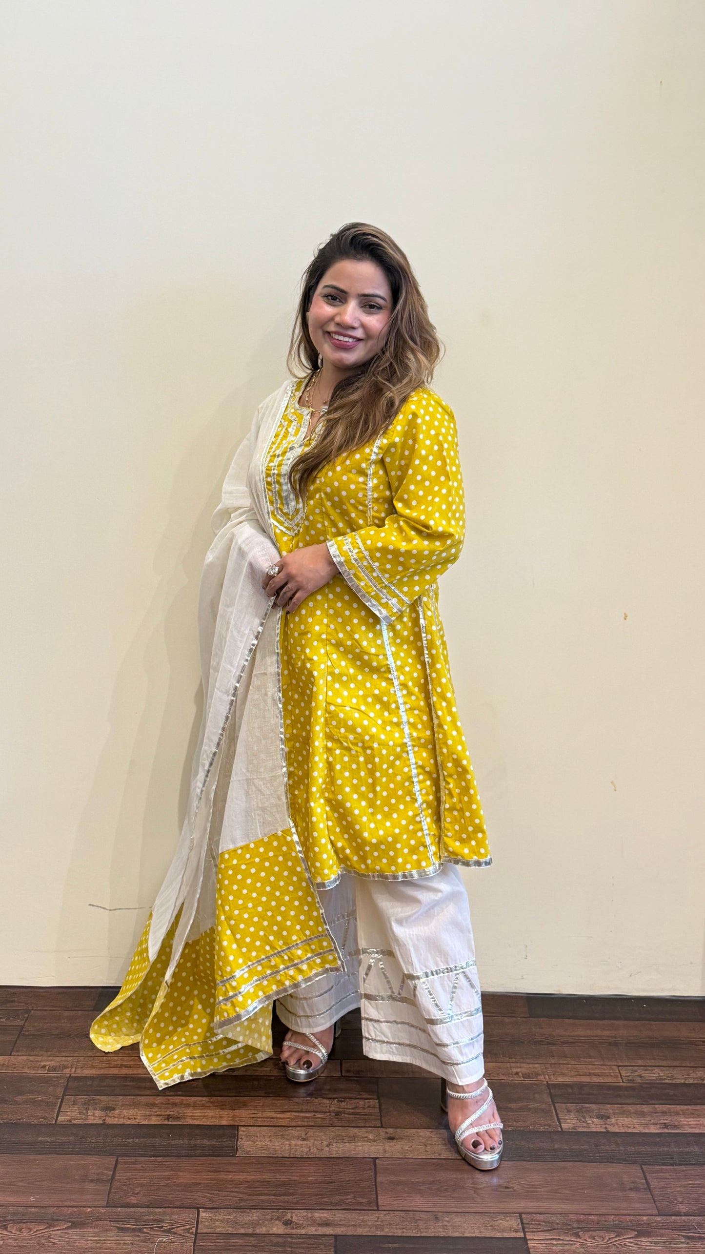 Sunshine Yellow And pink Polka Dot Kurta Set with Dupatta