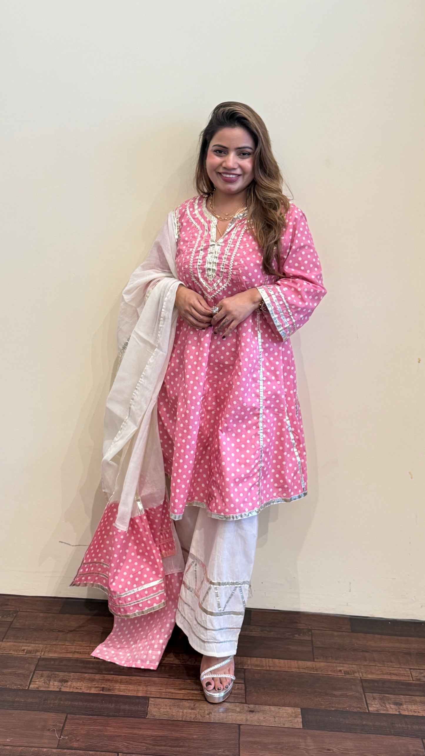 Sunshine Yellow And pink Polka Dot Kurta Set with Dupatta