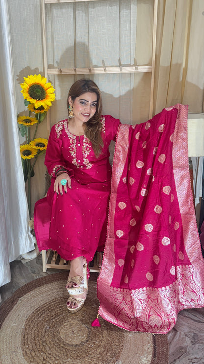 Fuchsia Pink Embroidered Suit with Banarasi Dupatta