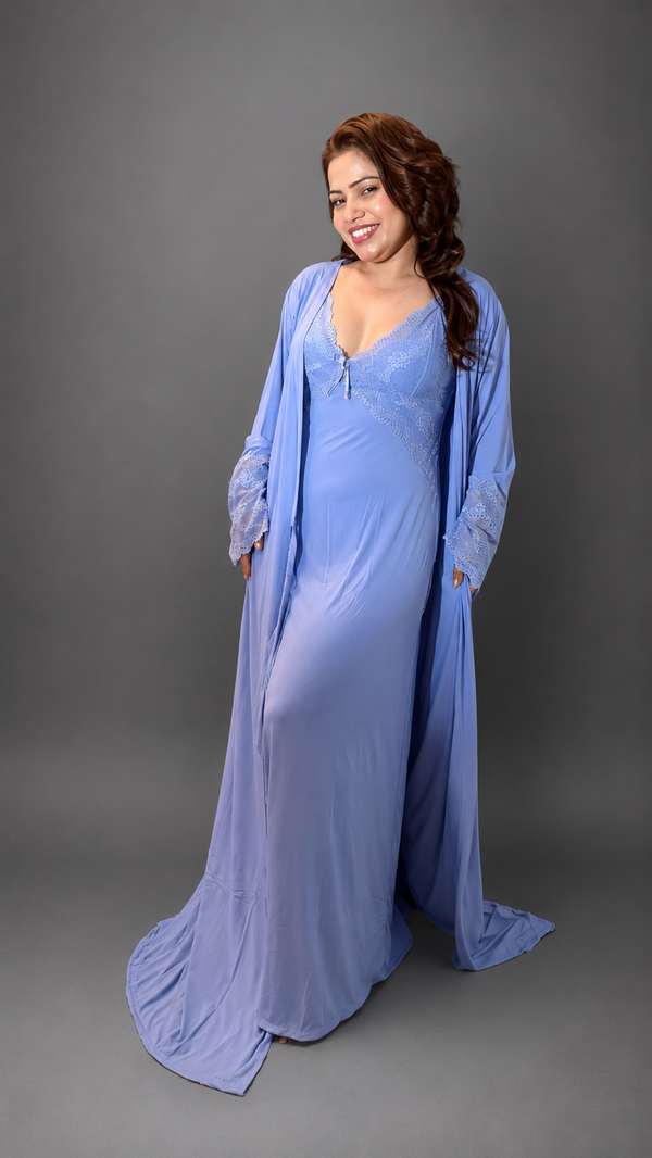 Bling by Anjali – Sky Blue Luxe Nighty with Robe Set