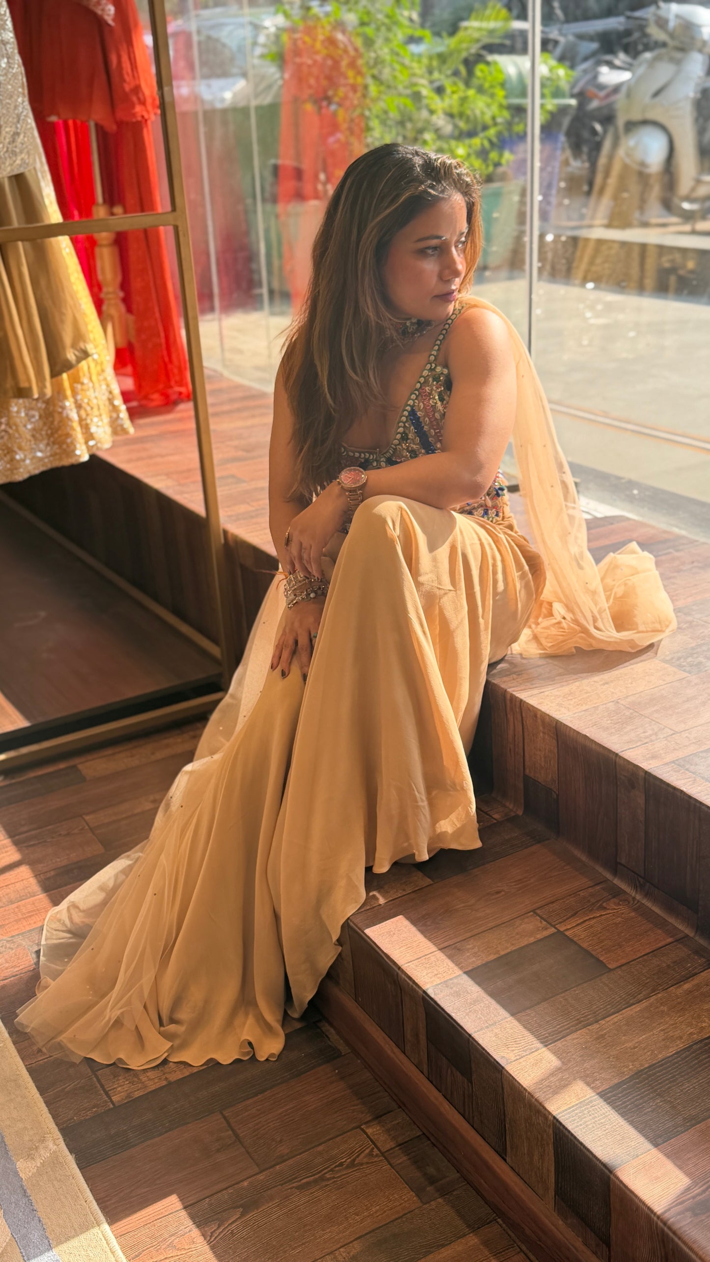 Multicolor Embellished Blouse with Beige Palazzo & Net Cape Set