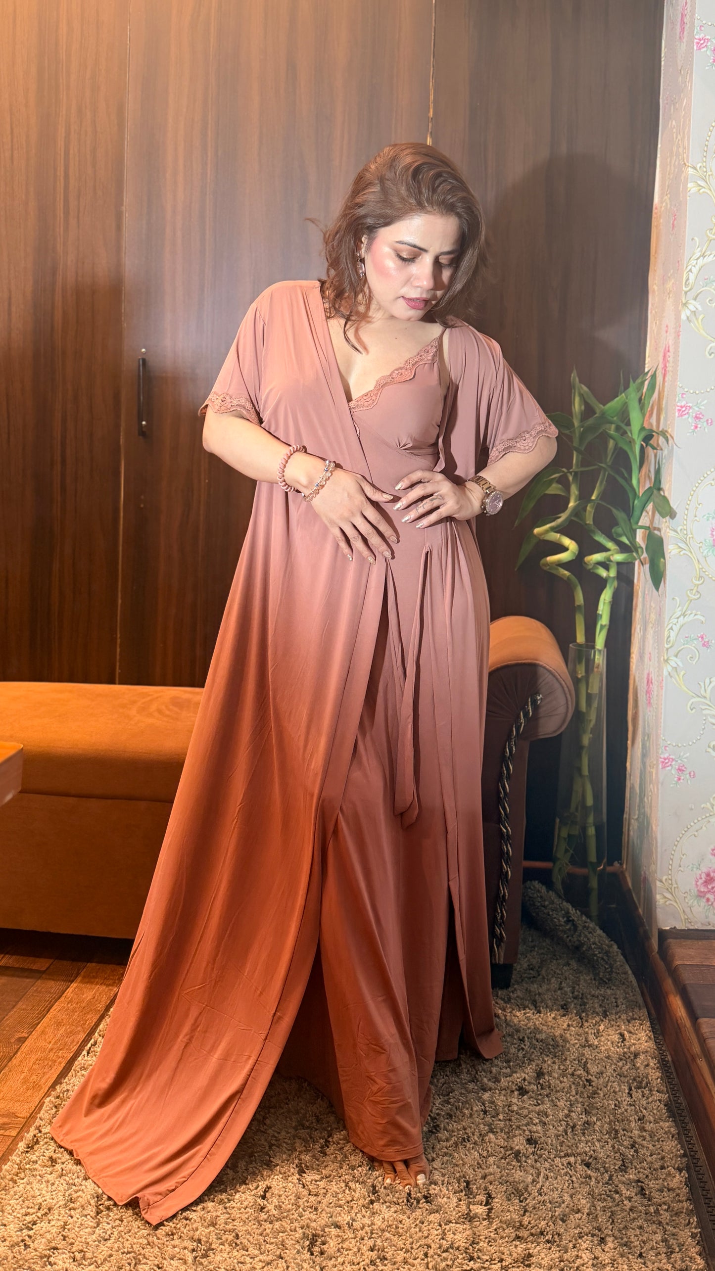 Bling by Anjali – Mocha Luxe Satin Nighty with Robe Set